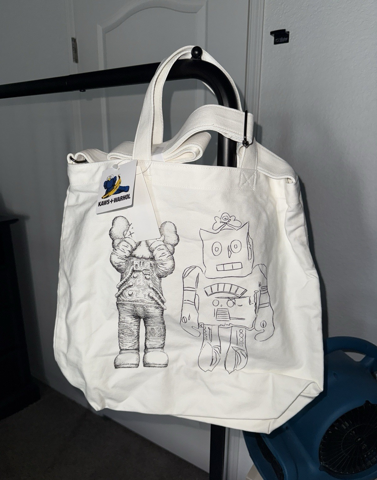 KAWS + Warhol White Graphic Print Reusable Shopping Bag Tote 16 x 12 in