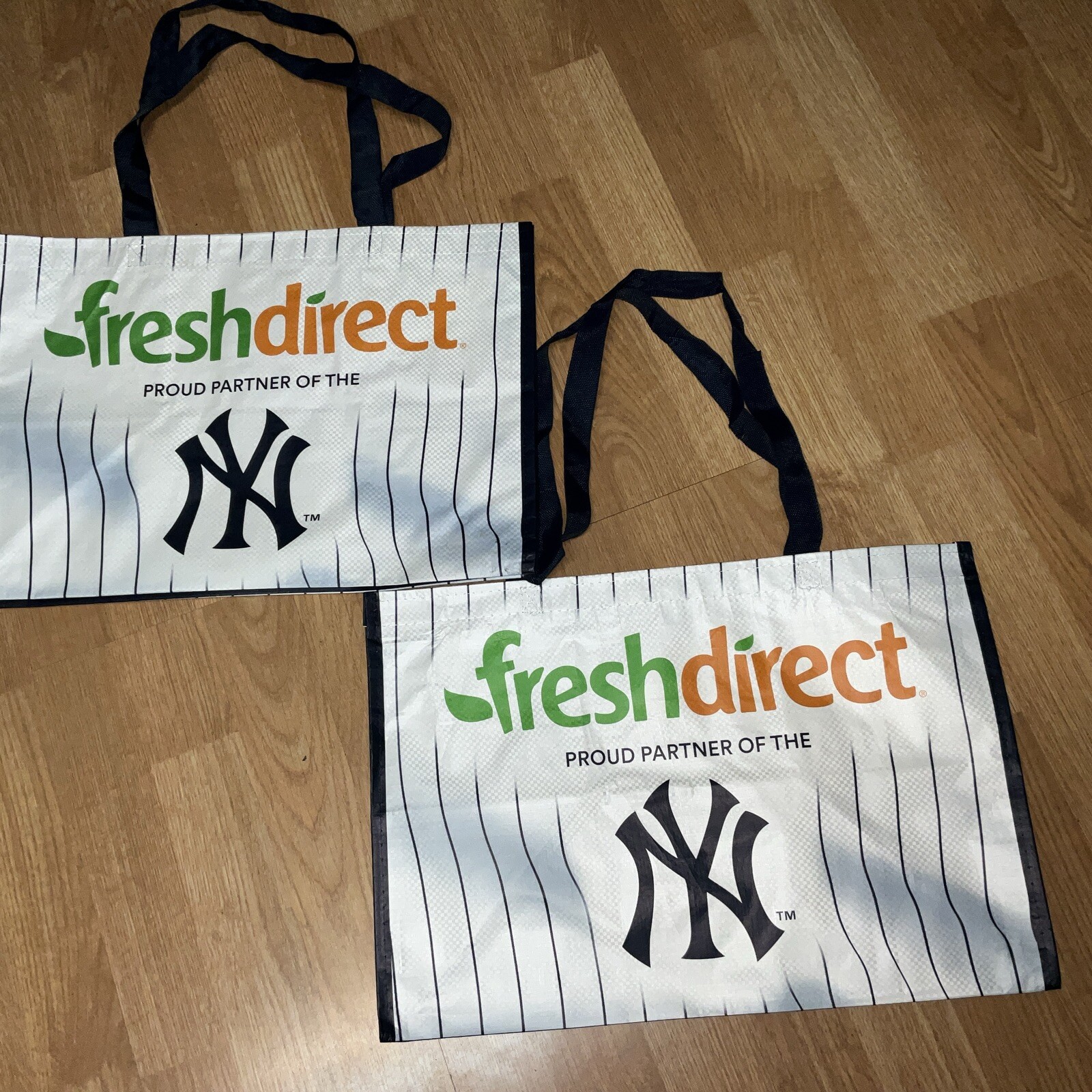 Lot of 2 NY Yankees Fresh Direct PVC TOTES Shopping bags USED Once 12x18x12
