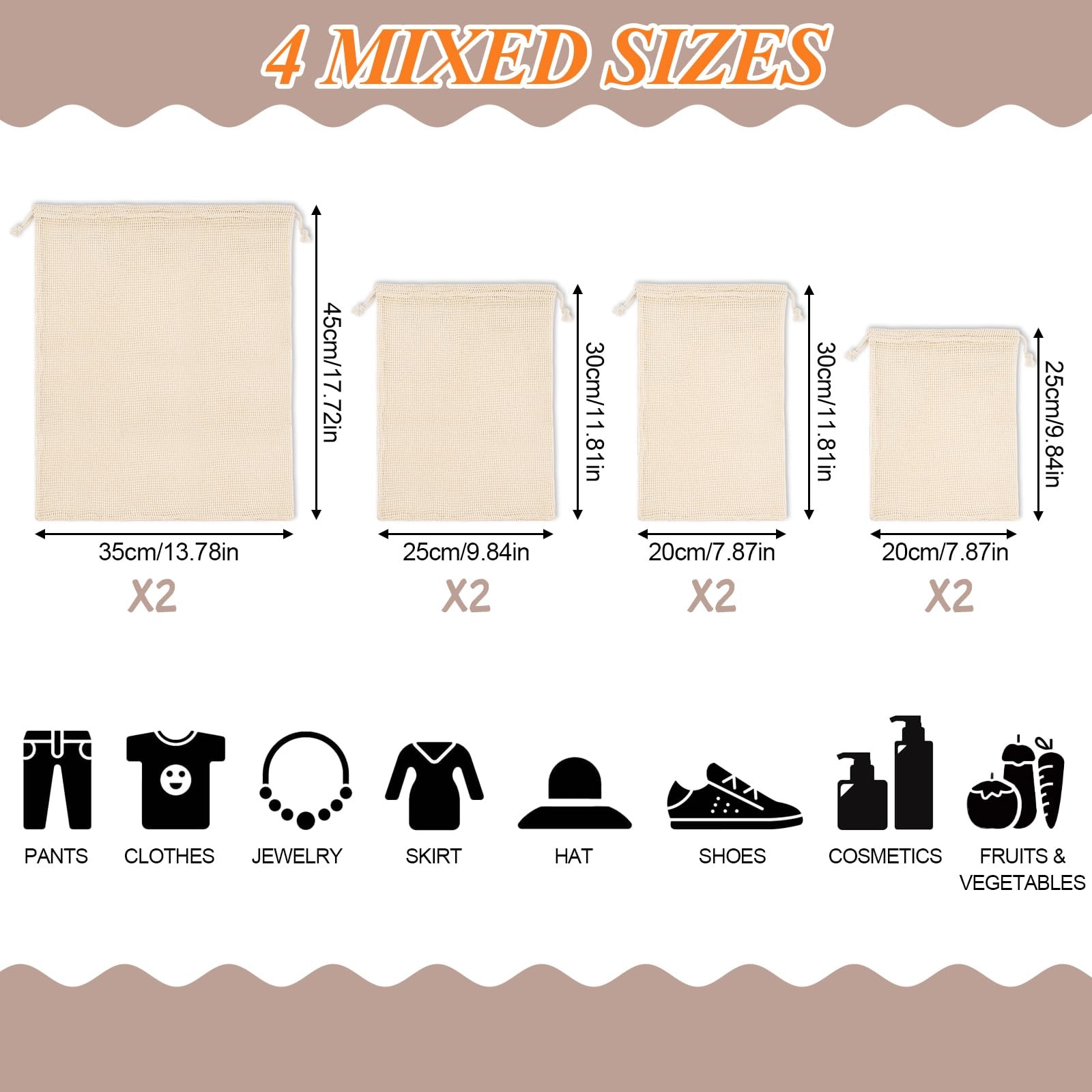 PEASUG 8 Pack Reusable Produce Bags 2 × XL, 2 × L, 2 × M, 2 × S, Beige