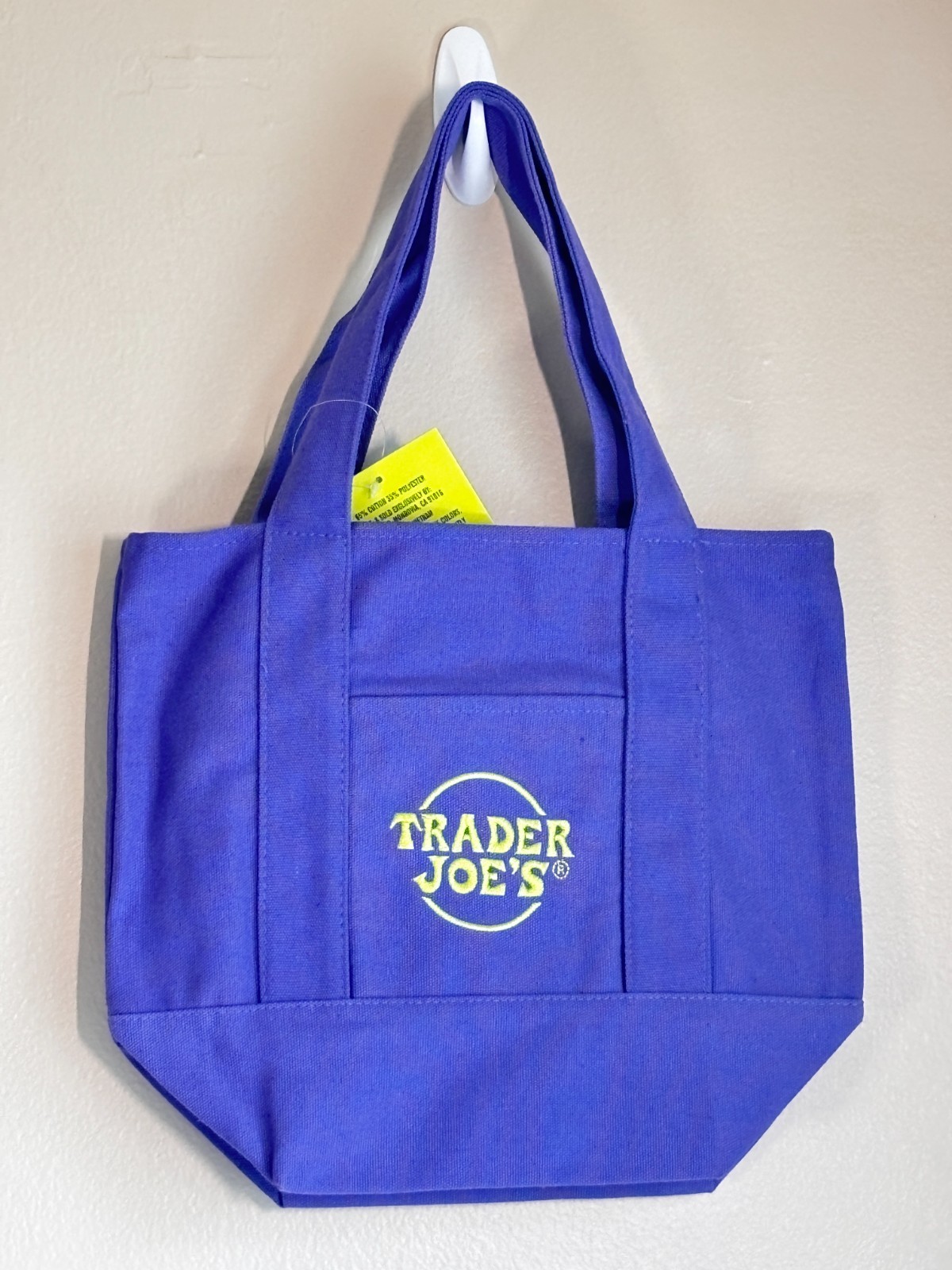 Trader Joes Mini Canvas Purple Tote Bag Embroidered Logo Double Handles