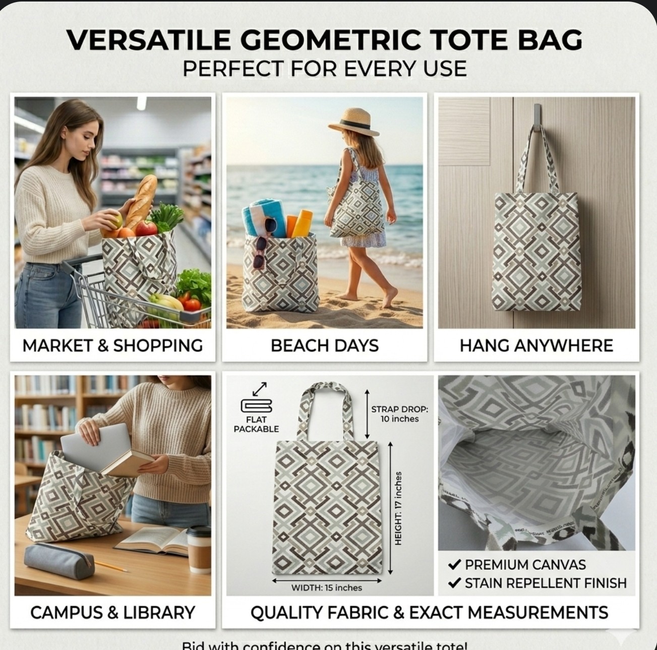 Geometric Canvas Foldable Reusable Tote Bag Stain Repellent 15 x 17 Gray White
