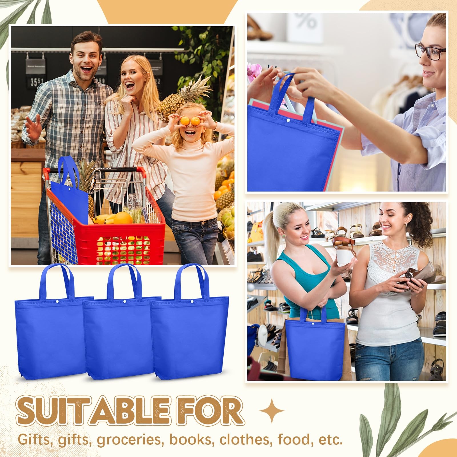 100 Pcs Reusable Grocery Bags Bulk Shopping Tote Handle Non Woven Foldable