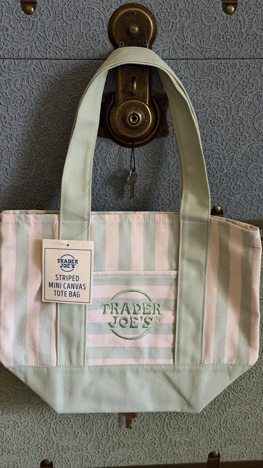 Trader Joe’s Striped Mini Canvas Tote Bag Green/White 13x11x6 Cotton Blend