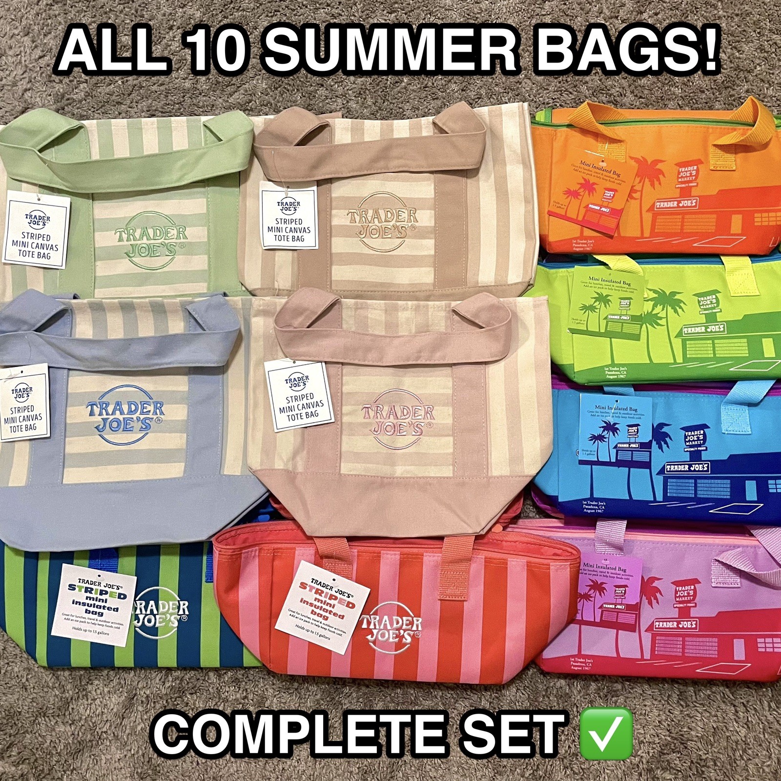 Trader Joe’s Striped Mini Totes 4 + Mini Insulated 6 (Set of All 10 Summer Bags)