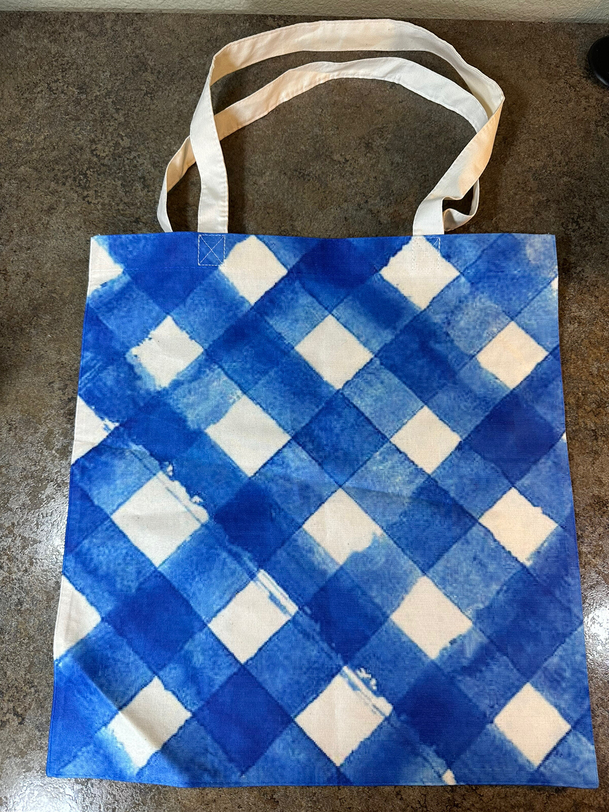Gingham Cloth Bag Blue Cream Grocery Shopping Reusable Handles Tote Farm