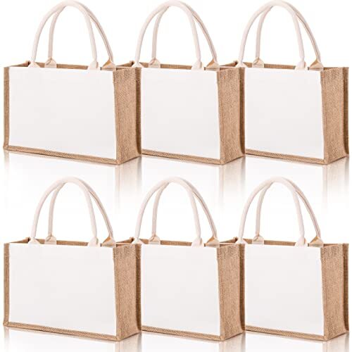 6 Pcs Jute Tote Bags Reusable Grocery Shopping Bags, 14.7×9.8×4.5 Inch