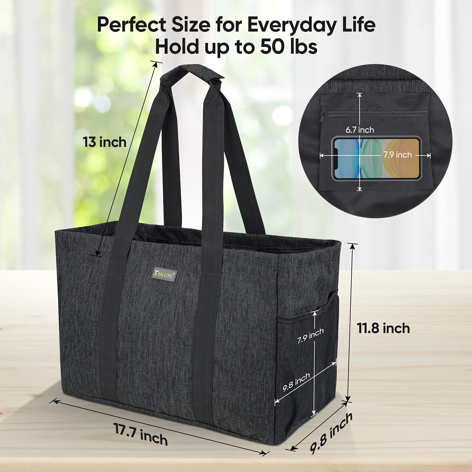 Soft 9 Gallon Extra Large Utility Tote, Foldable Reusable Storage Bag (Charco…