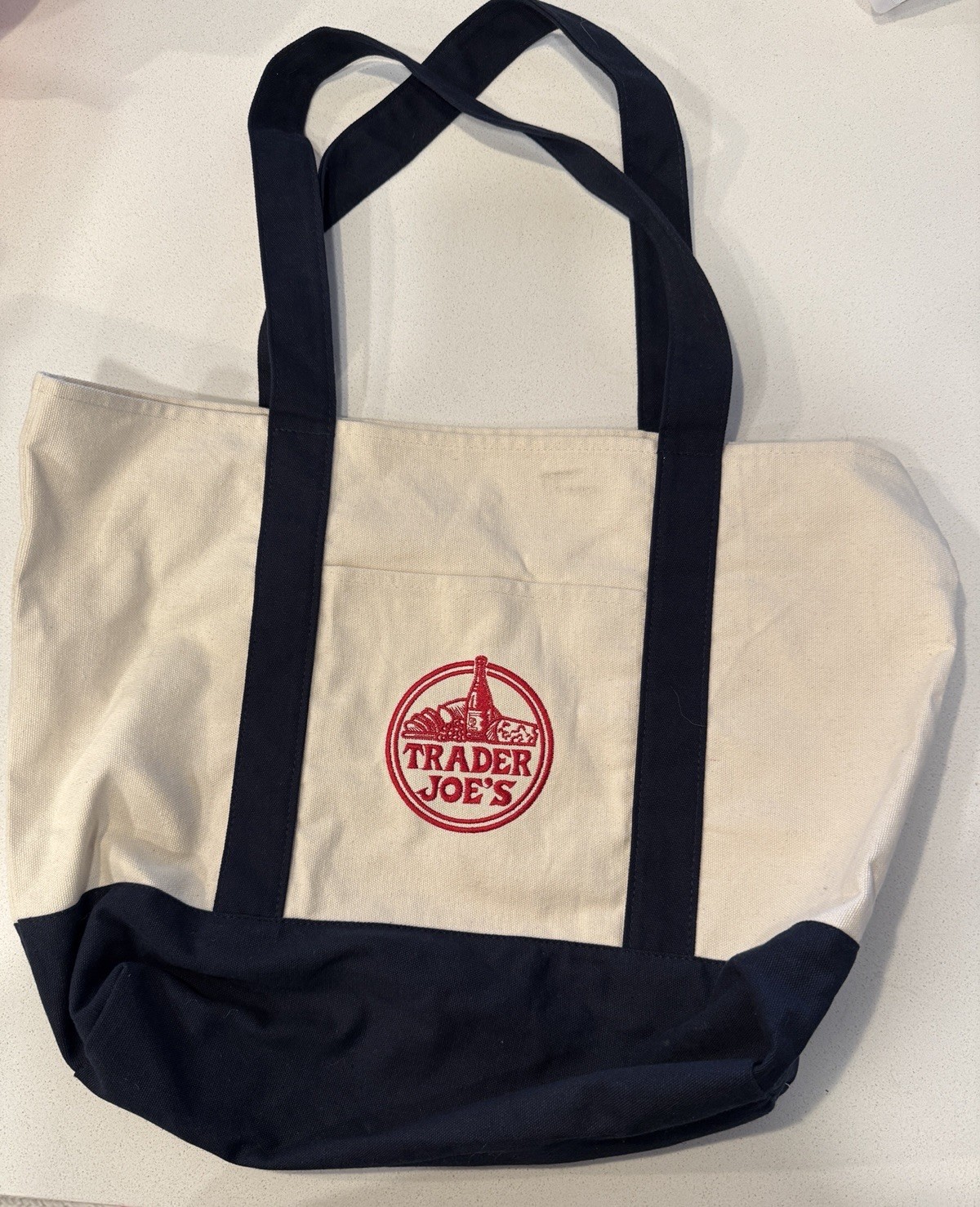 Trader Joe’s Canvas Foldable Tote Bag, Reusable, Beige Navy Blue