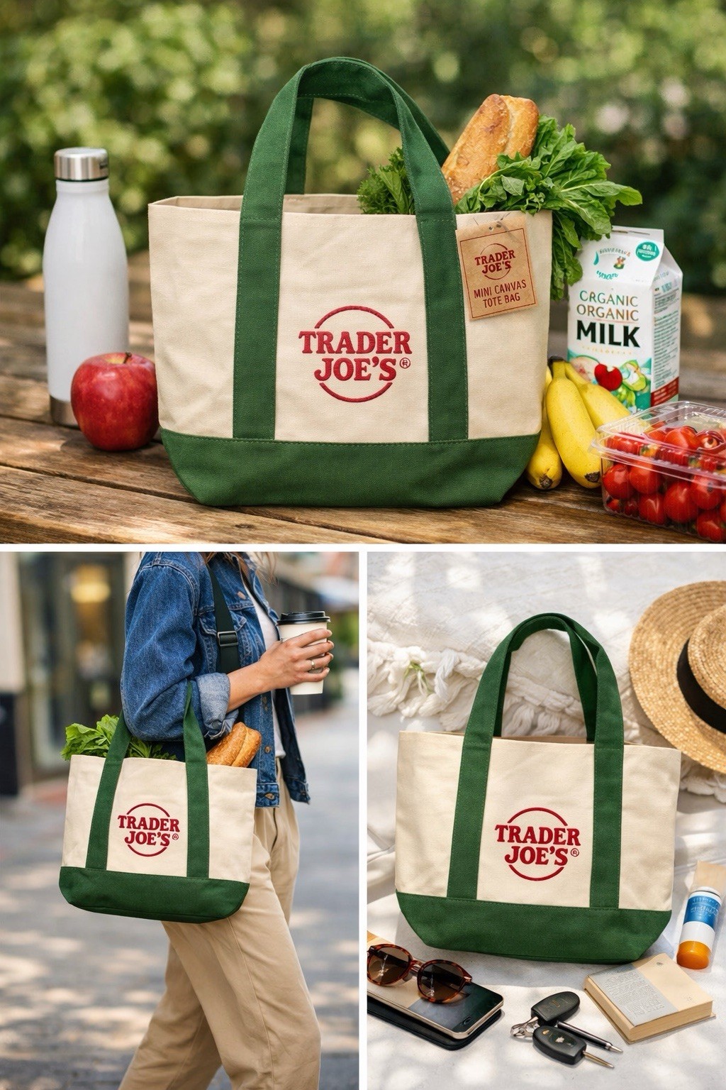 Trader Joe’s Large Canvas Tote Bag Green Beige Foldable Solid Shopping