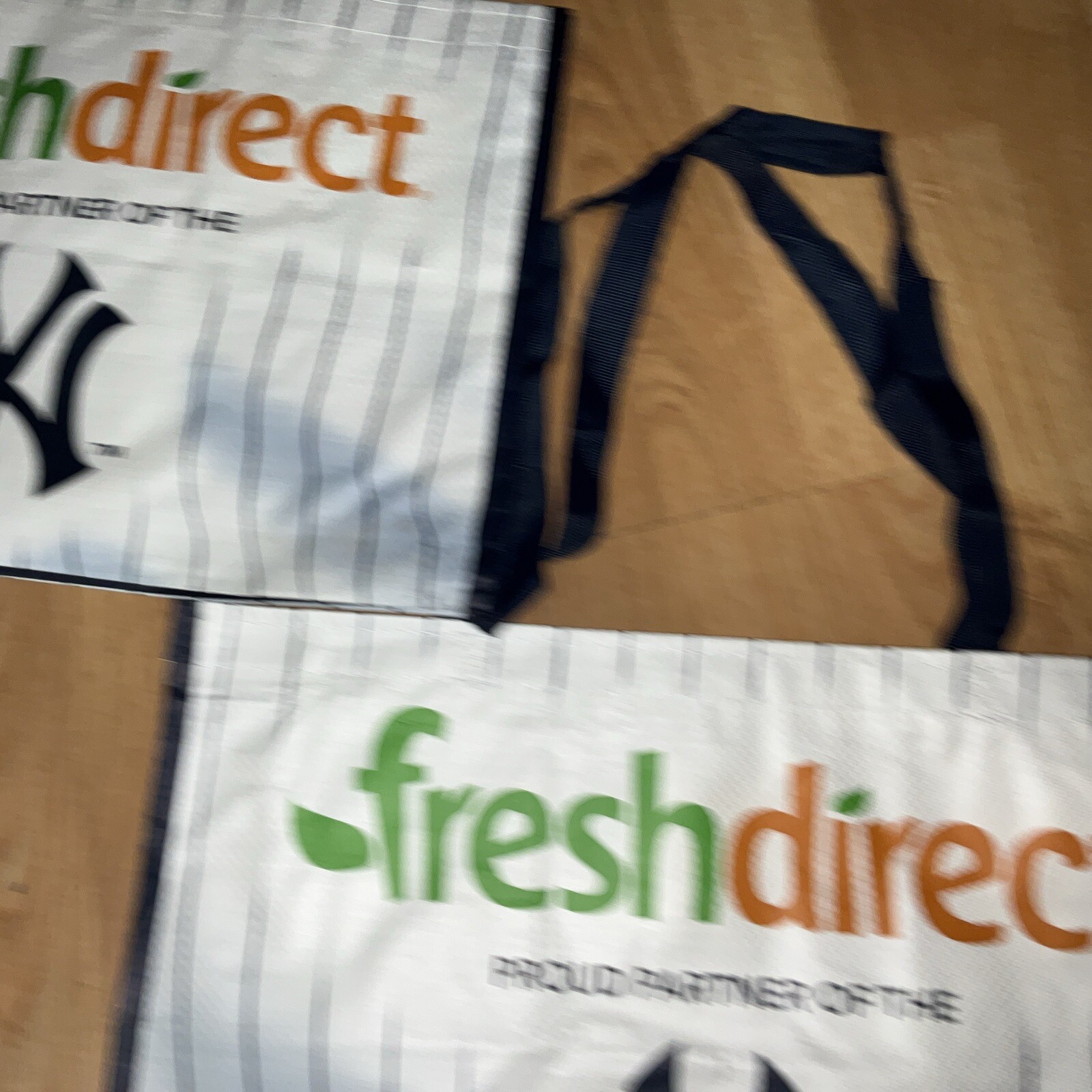 Lot of 2 NY Yankees Fresh Direct PVC TOTES Shopping bags USED Once 12x18x12