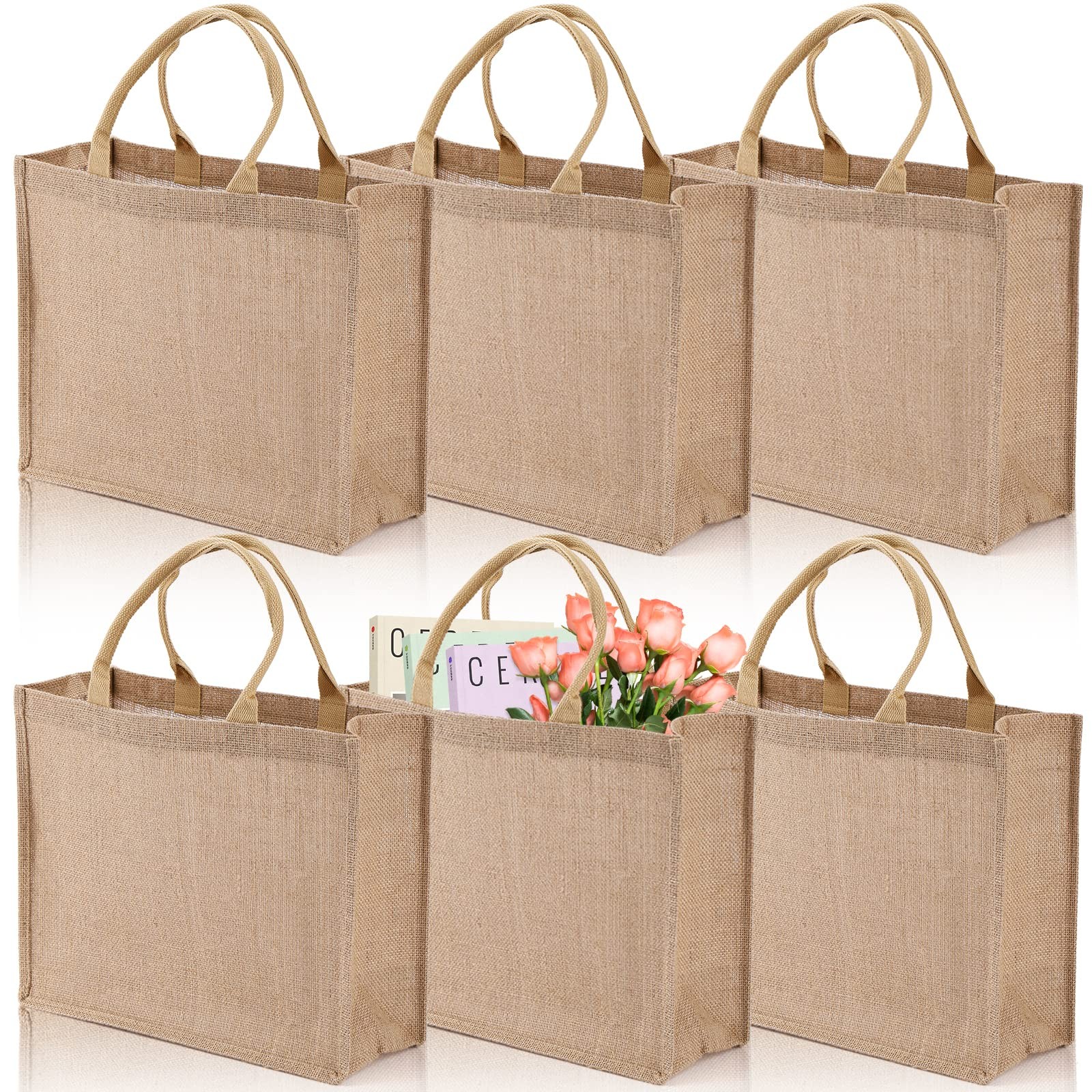 6 Pack Large Jute Burlap Tote Bag, Jute Beach Bag with Laminated Interior, Bu…