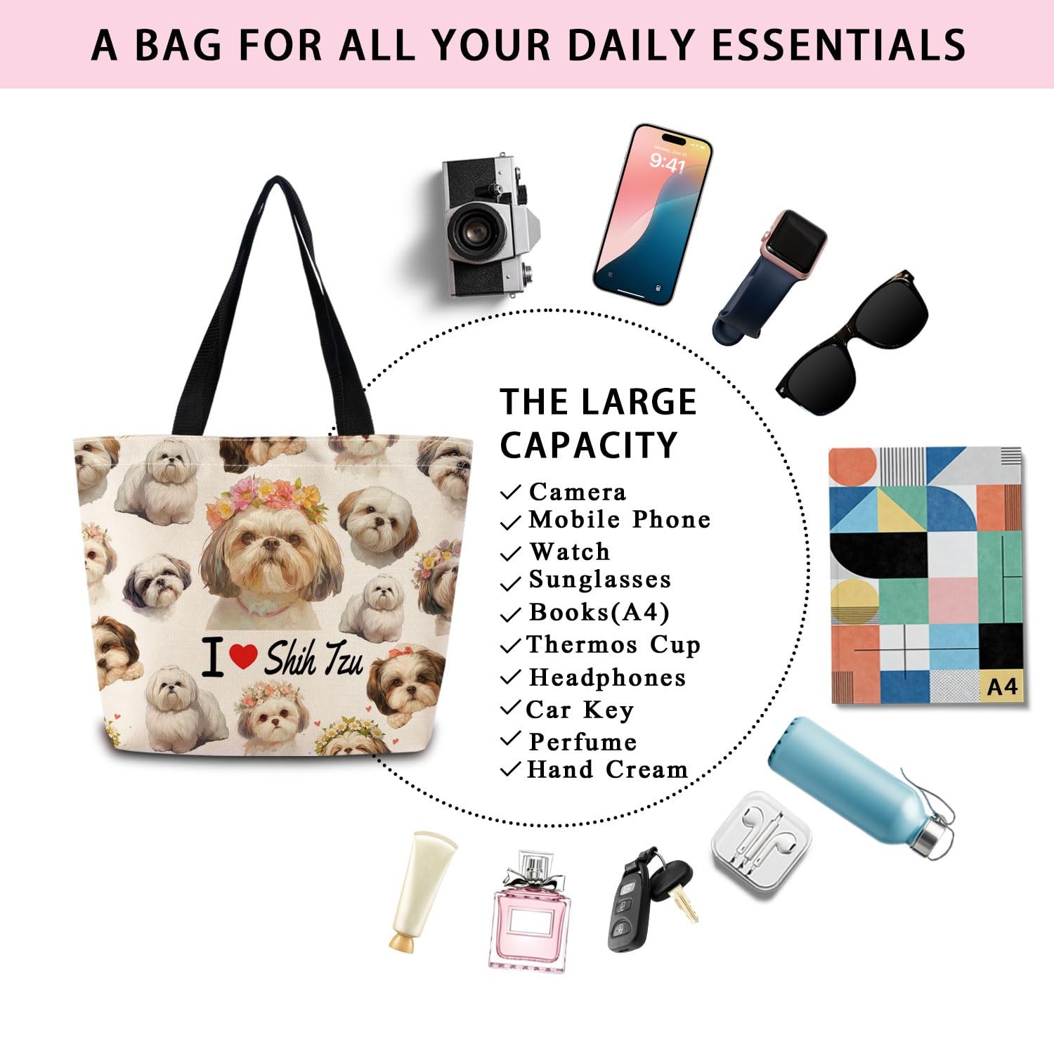 I Love Shih Tzu Tote Bag Reusable Grocery Aesthetic Shopping Handbag Zipper