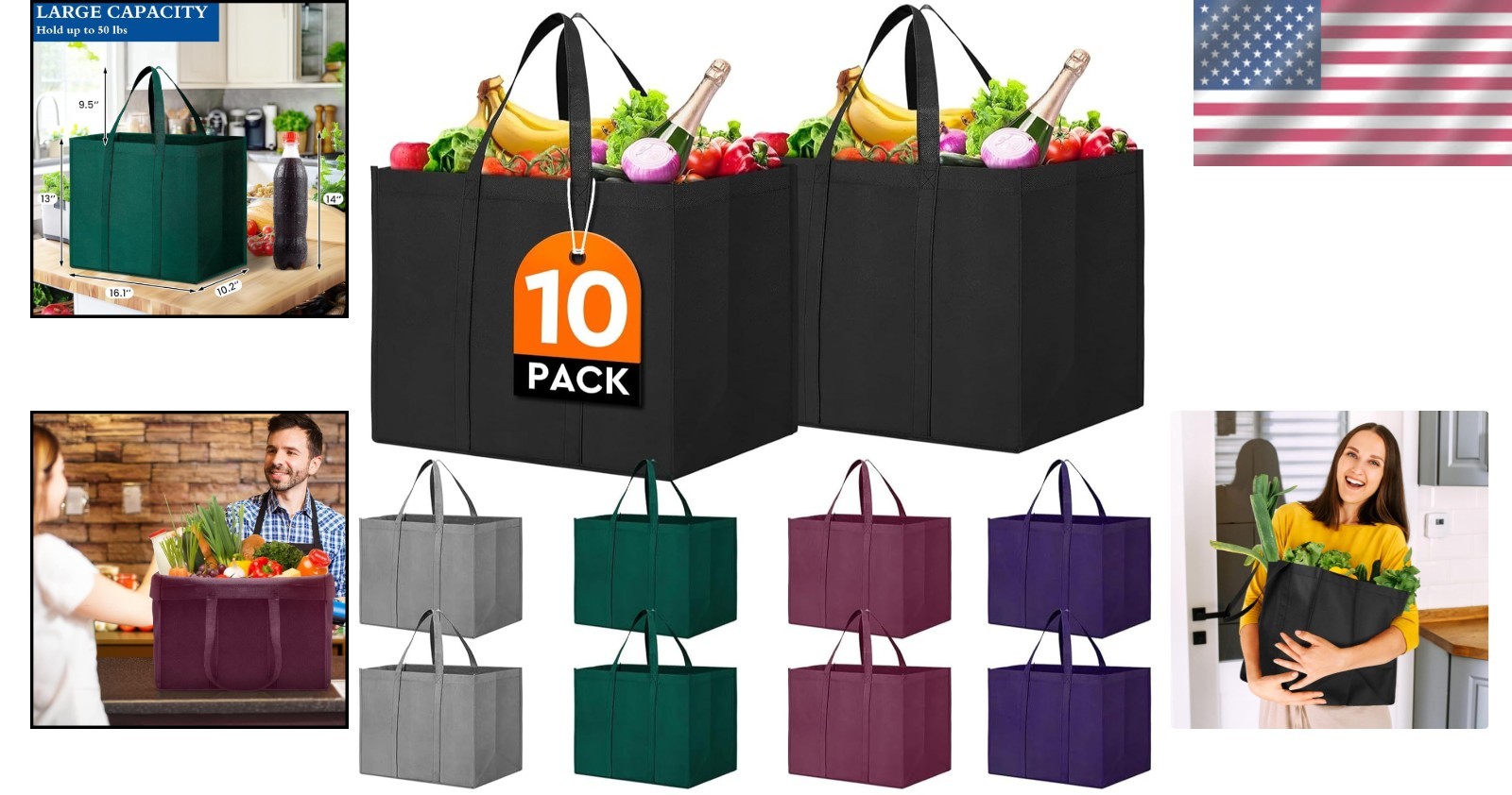 10 Pack Large Reusable Grocery Bags – Eco-Friendly Foldable Totes in Assorted…