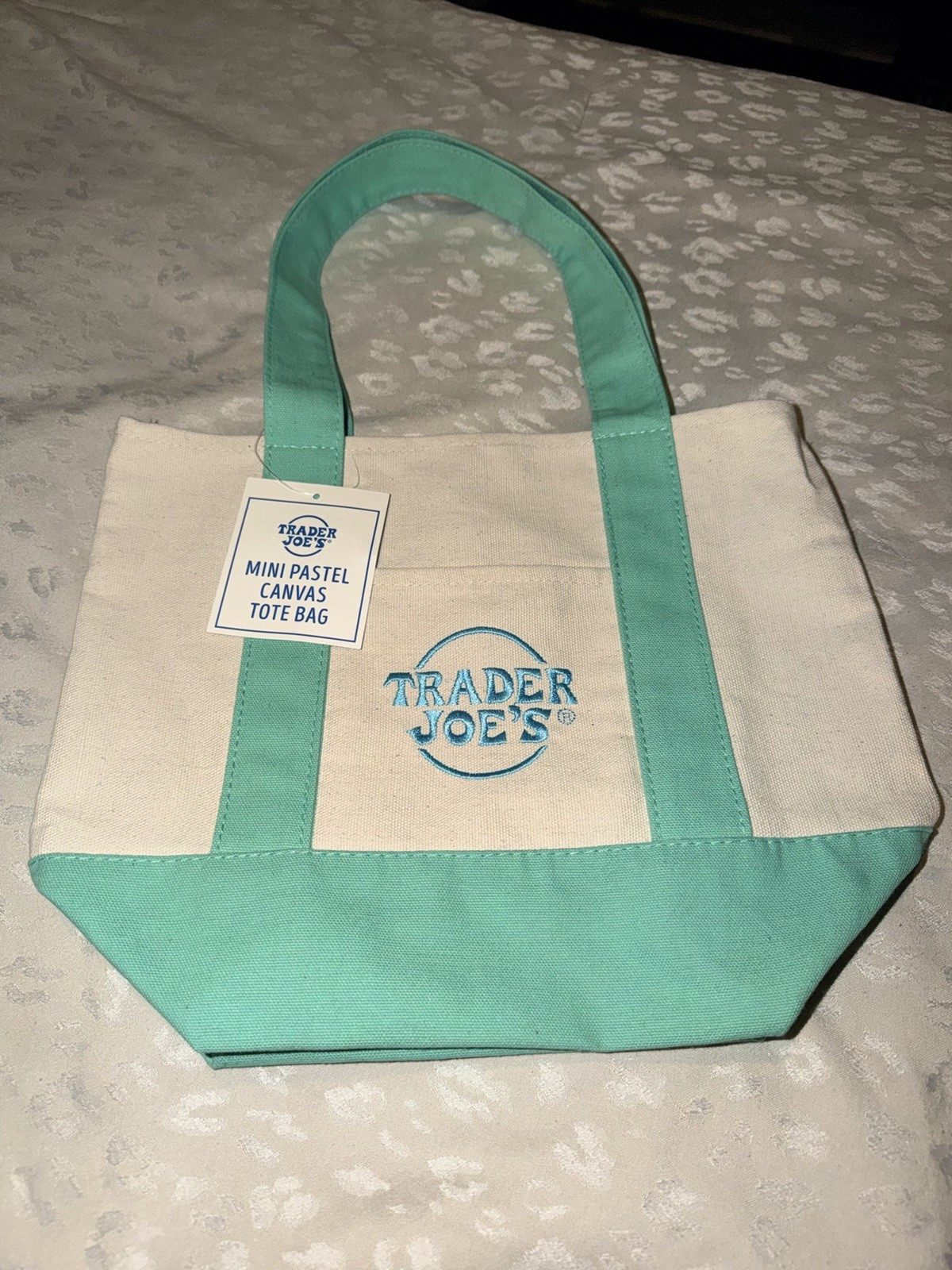 Trader Joe’s Mini Foldable Canvas Tote Bag Pastel Green Beige Durable Shopping