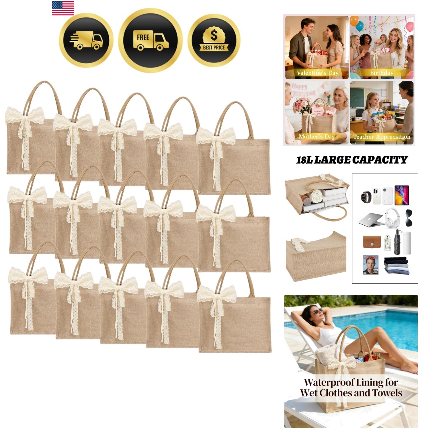 Burlap Tote Bag Set with Ribbon, Reusable Blank Water Resistant Grocery Bags