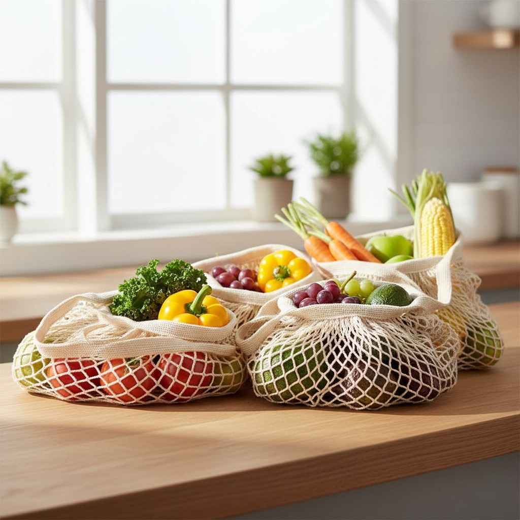 Versatile Reusable Cotton Grocery Bags in Beige – Retro Style & Machine Washable