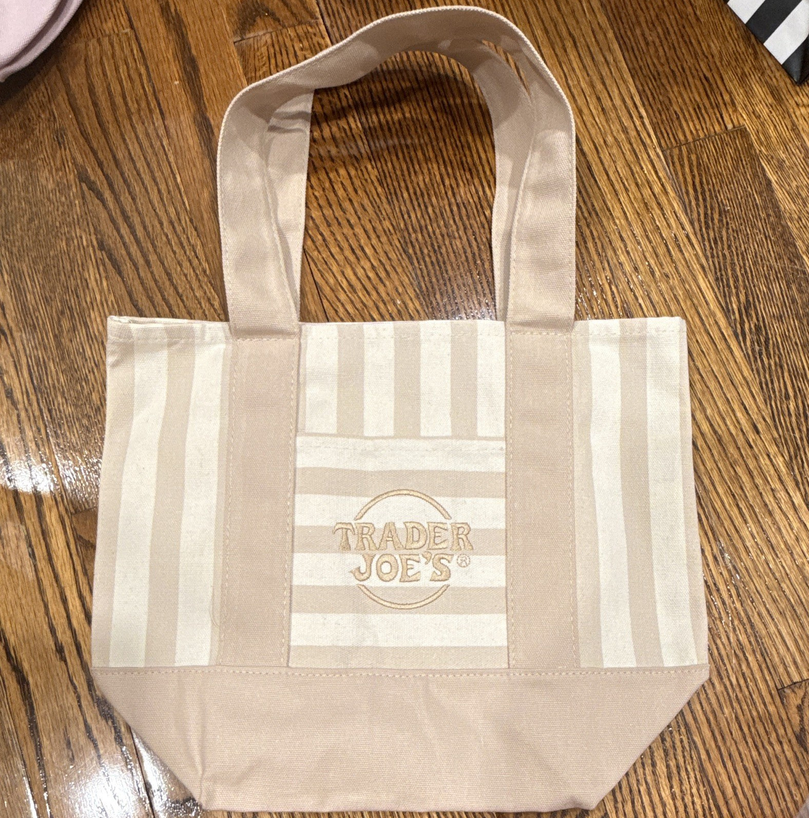 Trader Joe’s Striped Mini Canvas Tote Bag Beige Cotton Blend 13x10x6 in