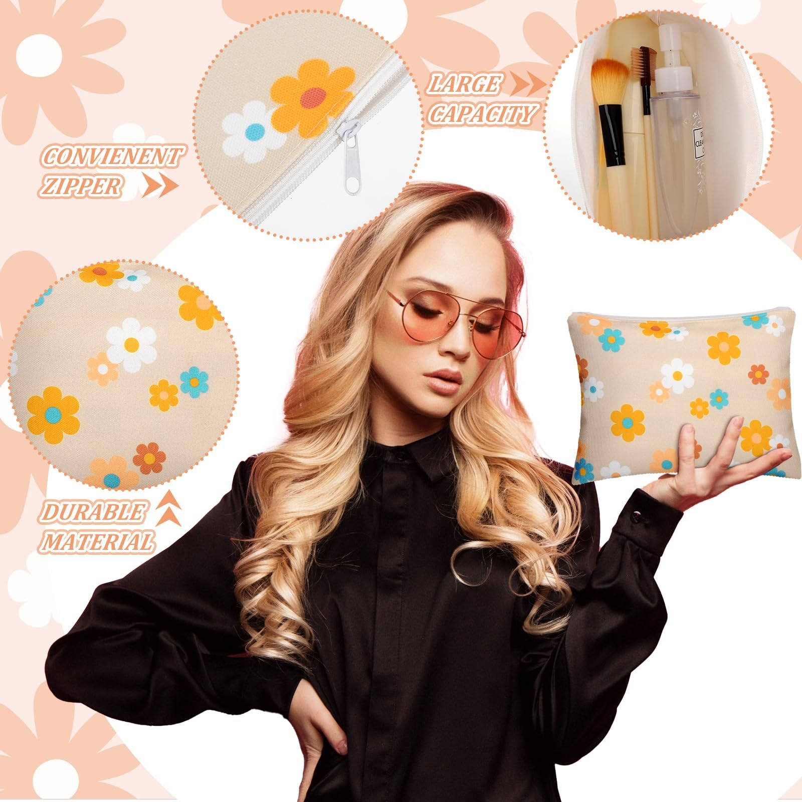 Kajaia 12 Pcs Daisy Canvas Makeup Bags Bulk, Flower as the pictures shown