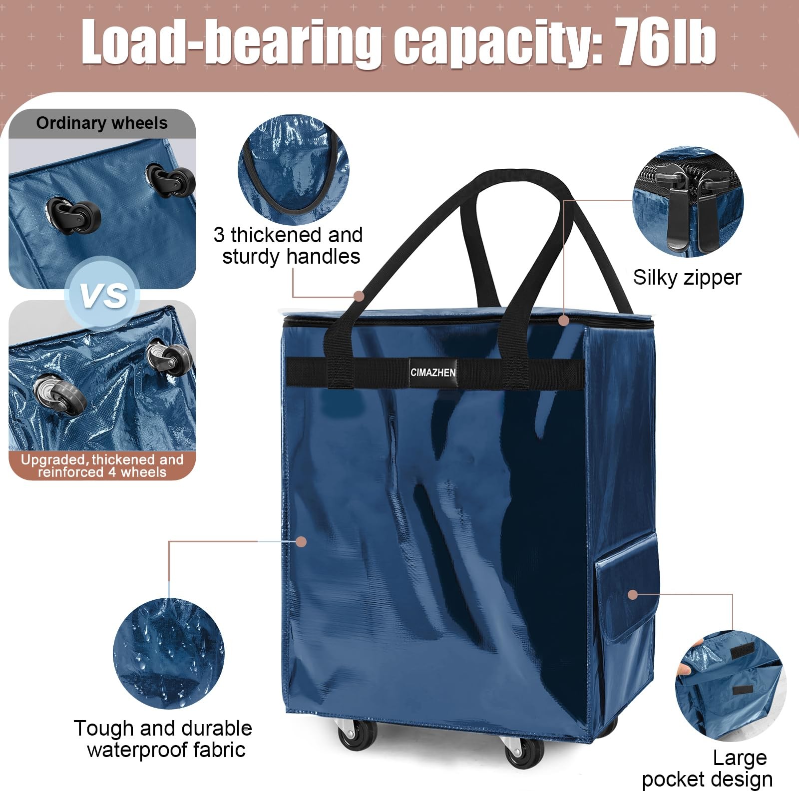 (Medium,Navy Blue) Reusable Grocery Bag on 4 Wheels, 70L Foldable Rolling Tot…