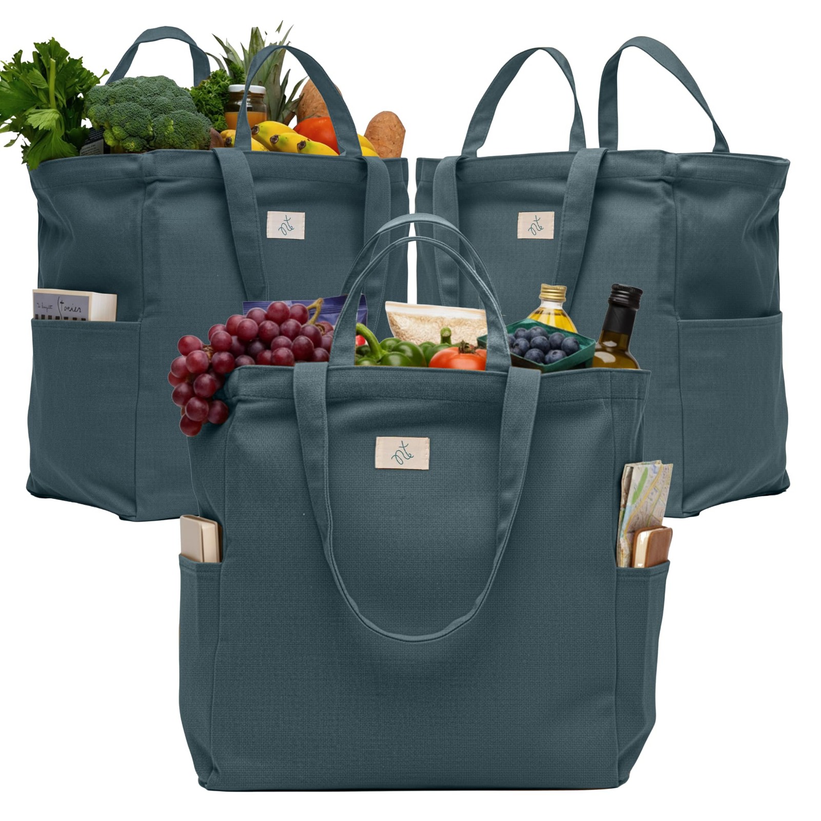 3-Pack Reusable Grocery Bags – Heavy Duty, Large 12 Oz Cotton Canvas Reusable…