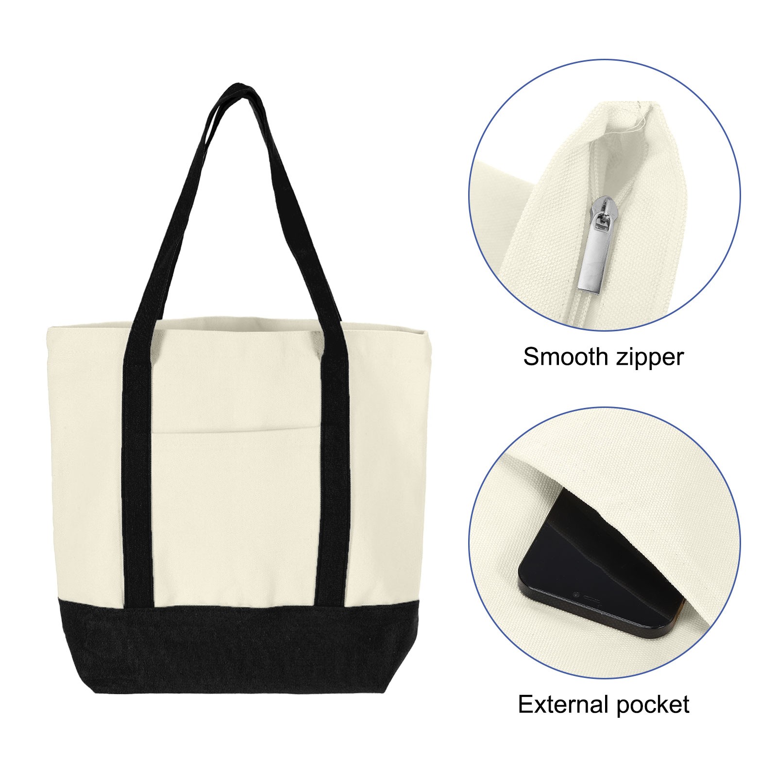 Canvas Tote Bag with Zipper,1Pcs 16″ x 14″ x 4″ Canvas Tote Bags(Black)