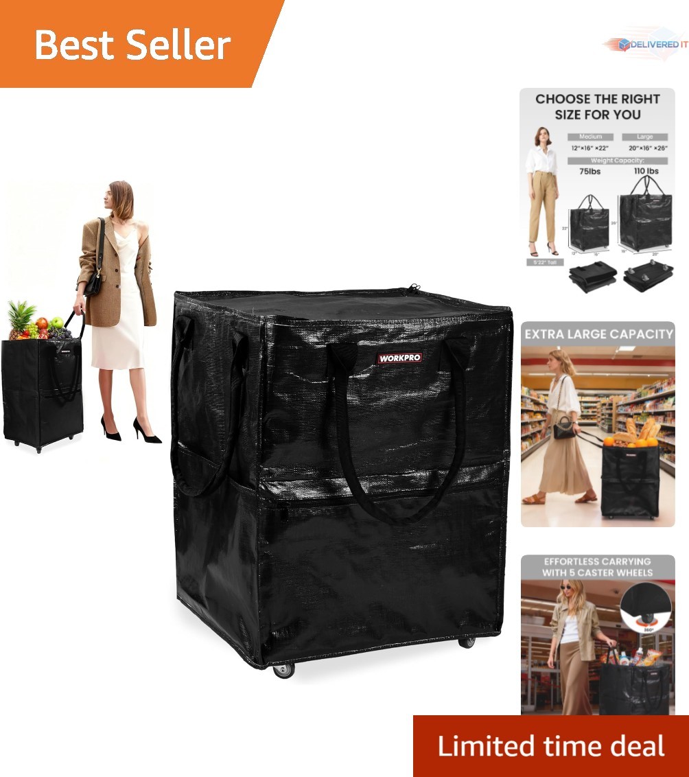 Large Heavy-Duty Rolling Grocery Bag 36-Gallon Tote with 5 Wheels 110 lbs