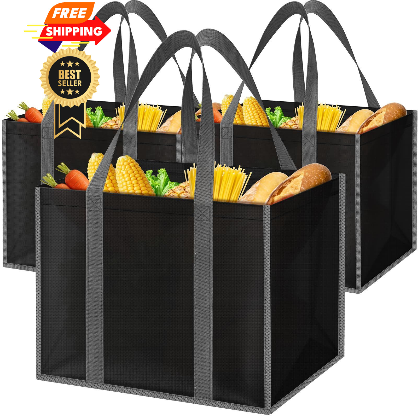 SpaceWhisper Reusable Grocery Bags with Long Handles [3 Pack] – 3 Pack, Black