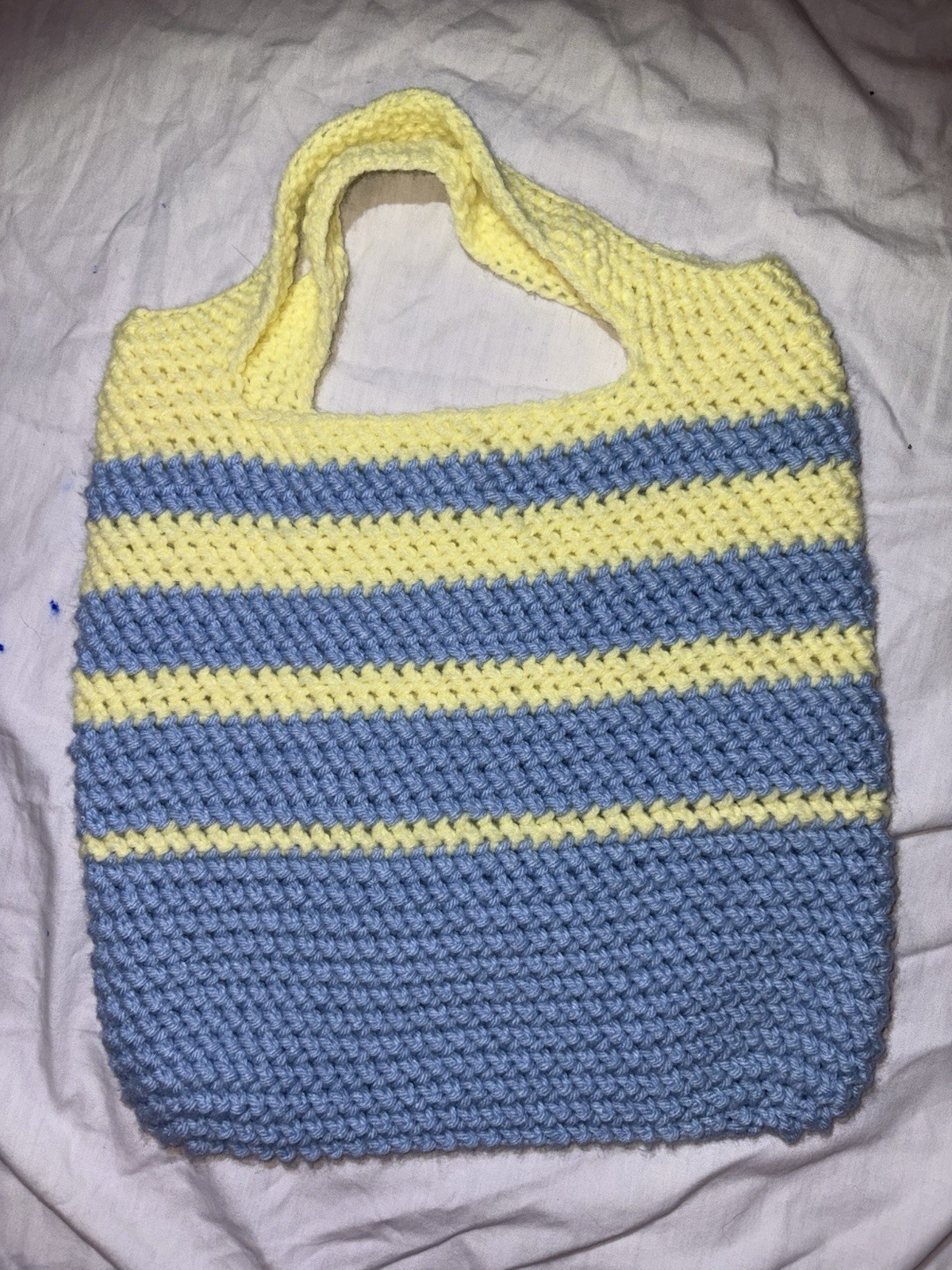 Handmade Reusable Shopping Bag Blue & Yellow Striped 15 in Tall x 12 in