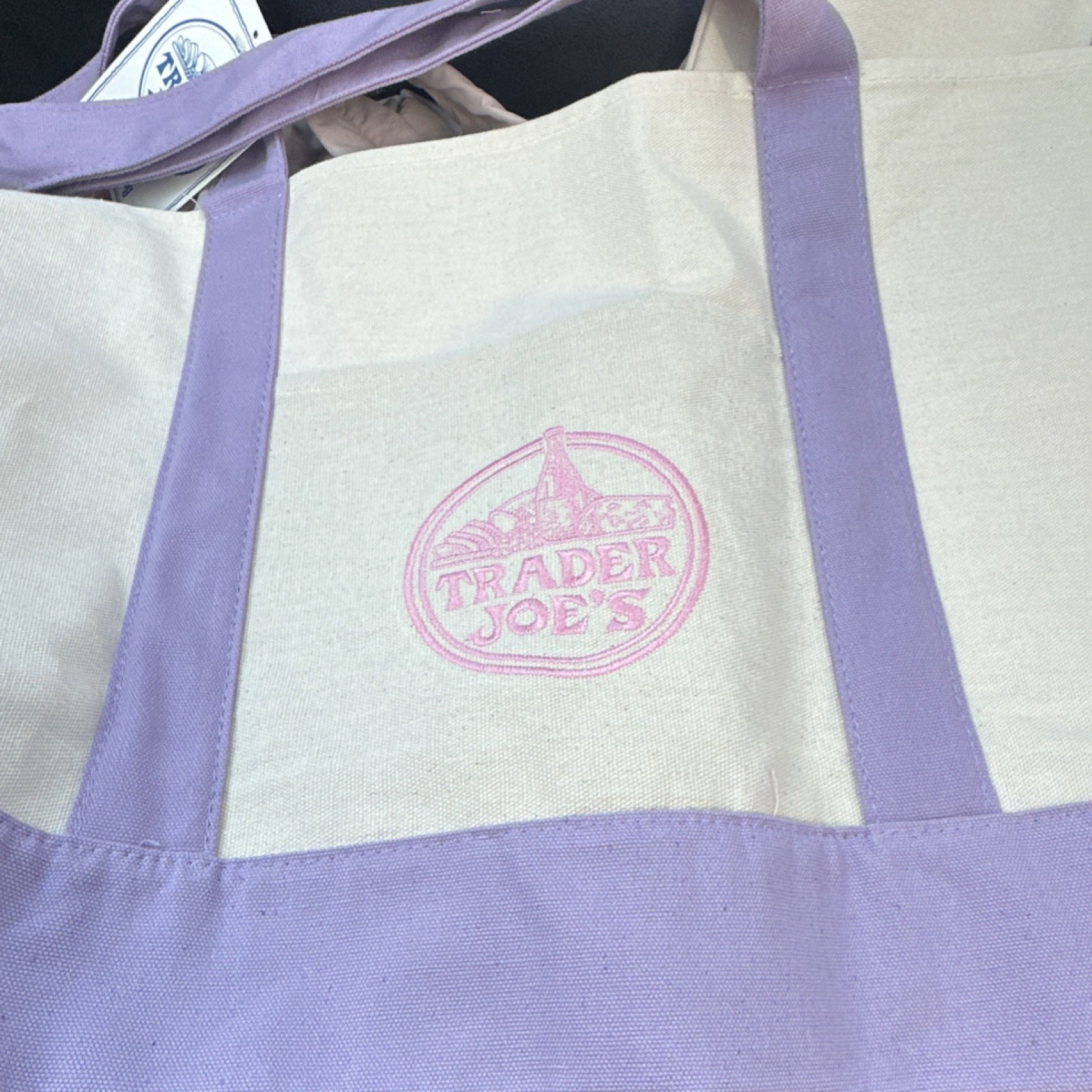 Trader Joe’s Foldable Canvas Reusable Shopping Bag Beige Purple Solid Plain