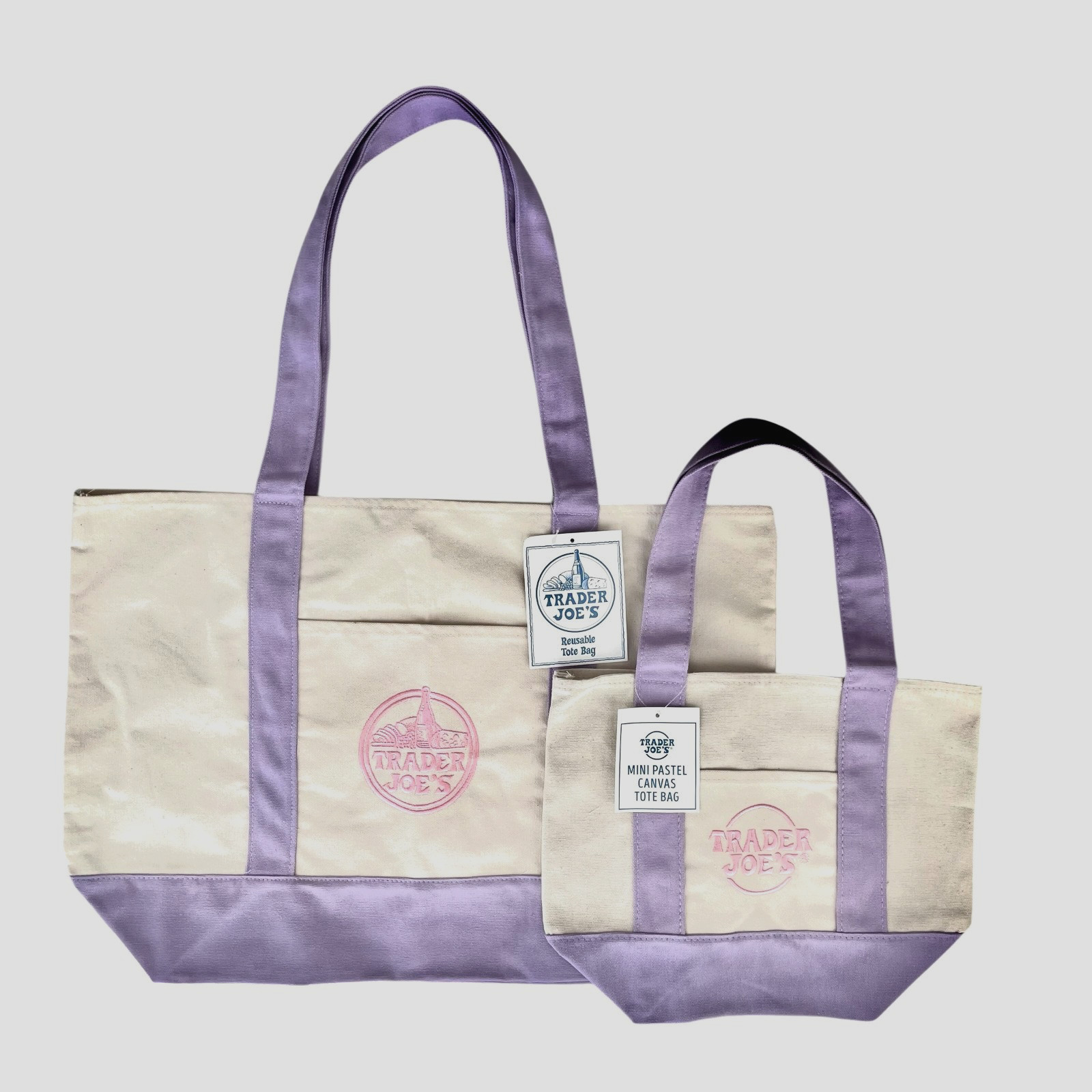 Trader Joe’s Tote Bag Lavender Large Mini Canvas Pastel Pink Spring SET of 2 NWT