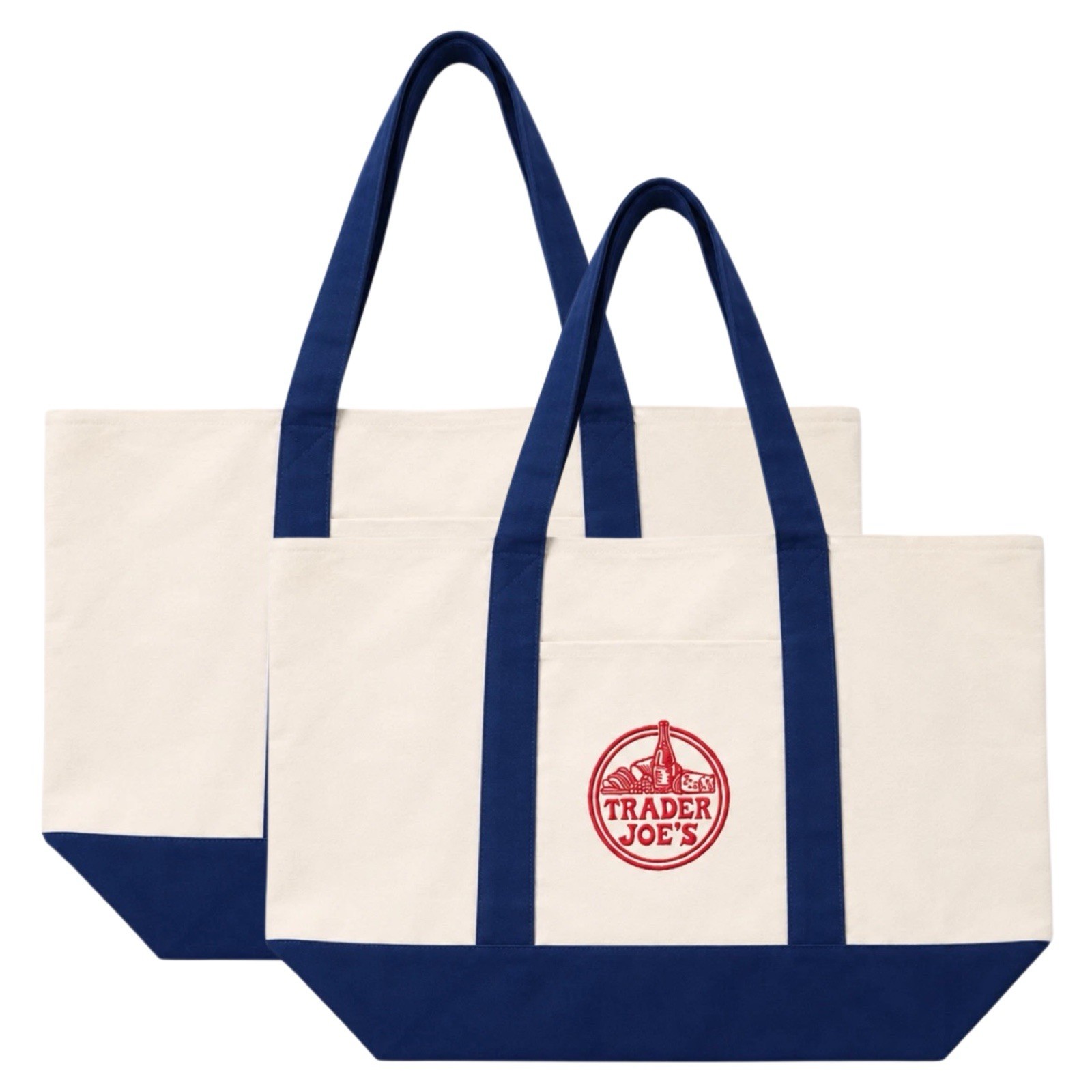 Trader Joe’s Canvas Large Tote Bag (Set of 2) Limited 2026 Navy/Ivory/Red Logo