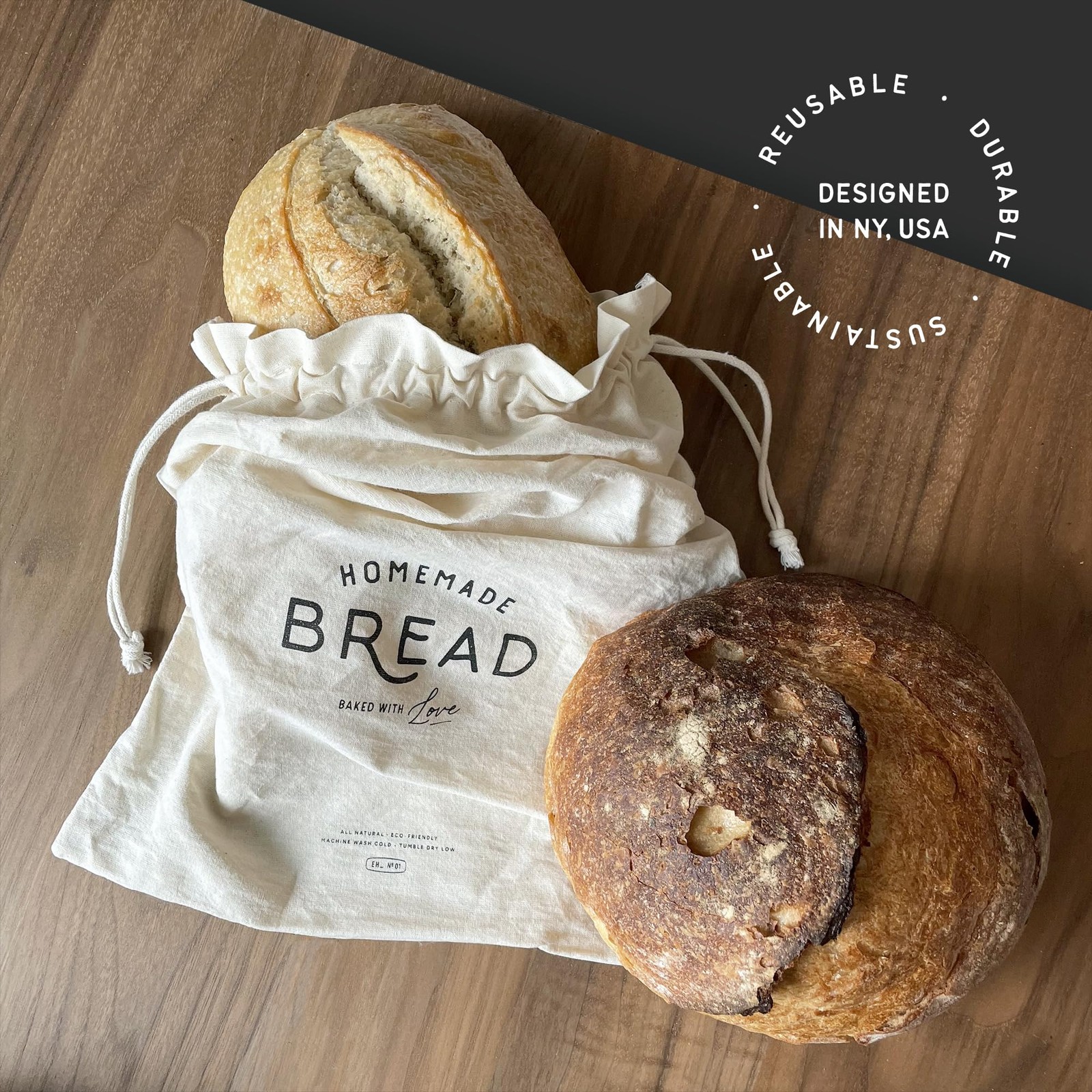 All Natural Linen Bread Bags (Set of 2): Unbleached, Reusable One Size, brown