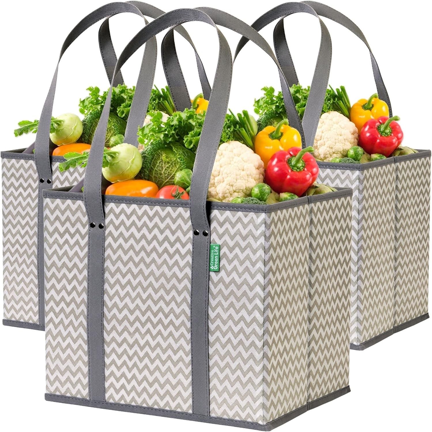 3-Pack Chevron Reusable Grocery Bags – Heavy Duty & Stands Up for Easy Loading