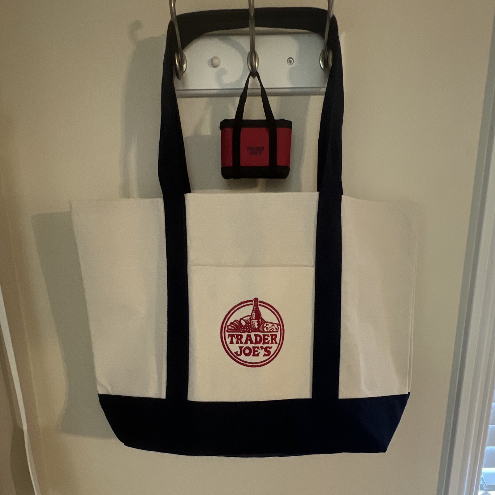 NWOT Trader Joe’s Reusable Tote Bag Navy/White/Red Logo 21-25×6 in