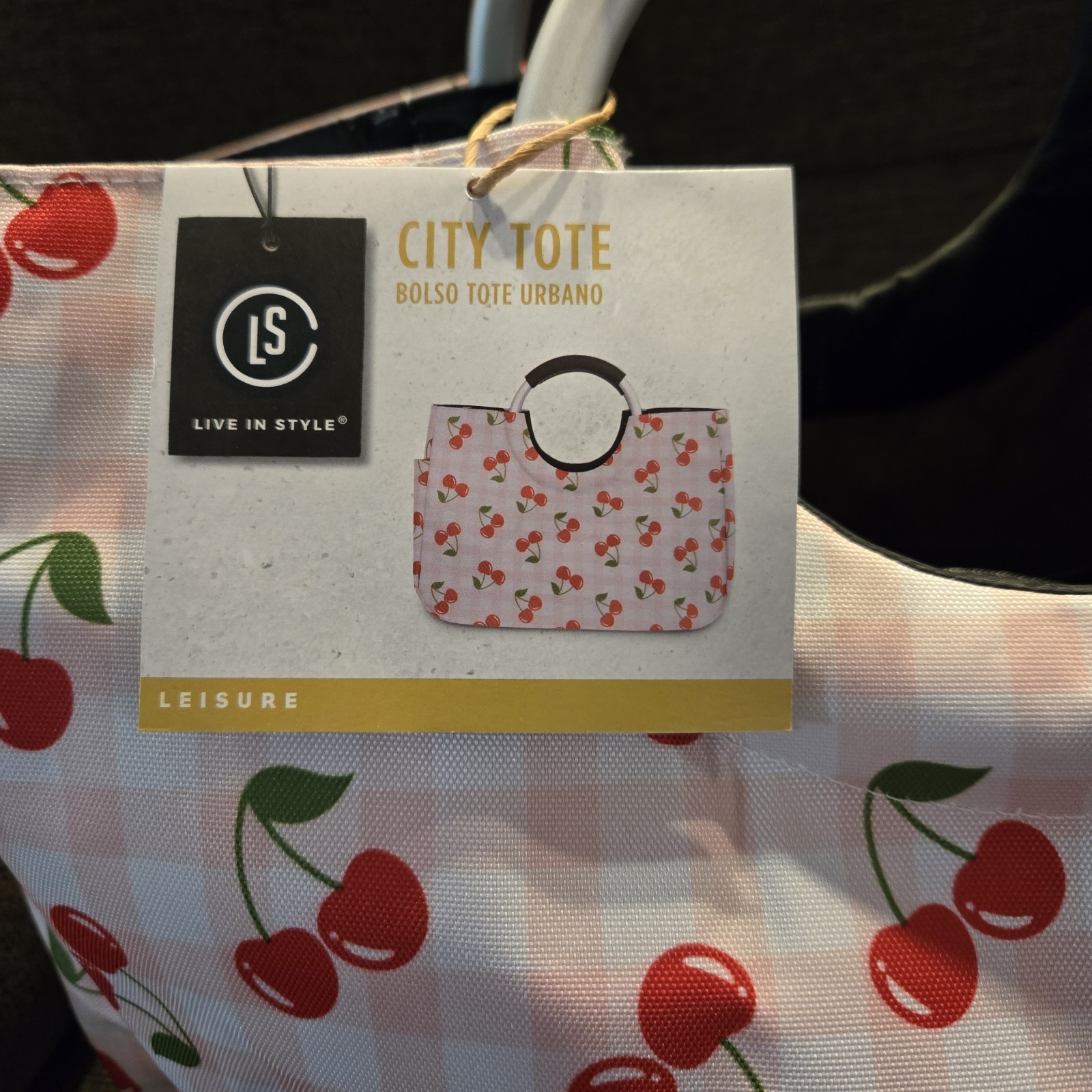 Living In Style City Tote Cherries Pink Gingham Canvas Type Large Bag NEW