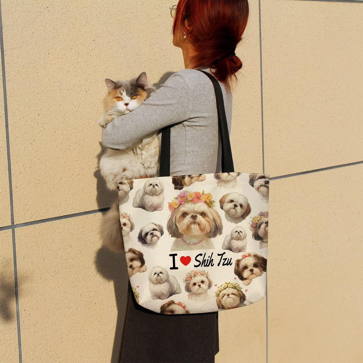 I Love Shih Tzu Tote Bag Reusable Grocery Aesthetic Shopping Handbag Zipper