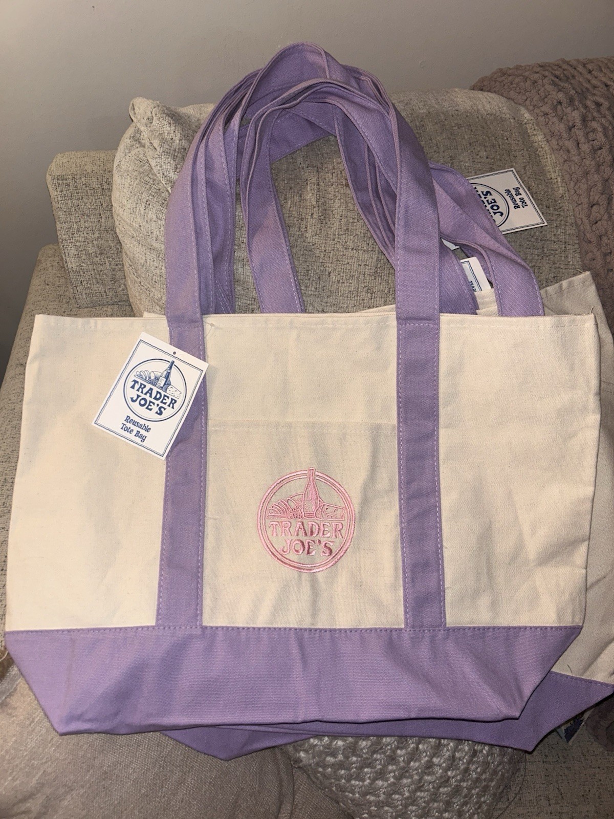 Trader Joe’s Foldable Canvas Tote Bag Purple Beige Solid Reusable Shopping