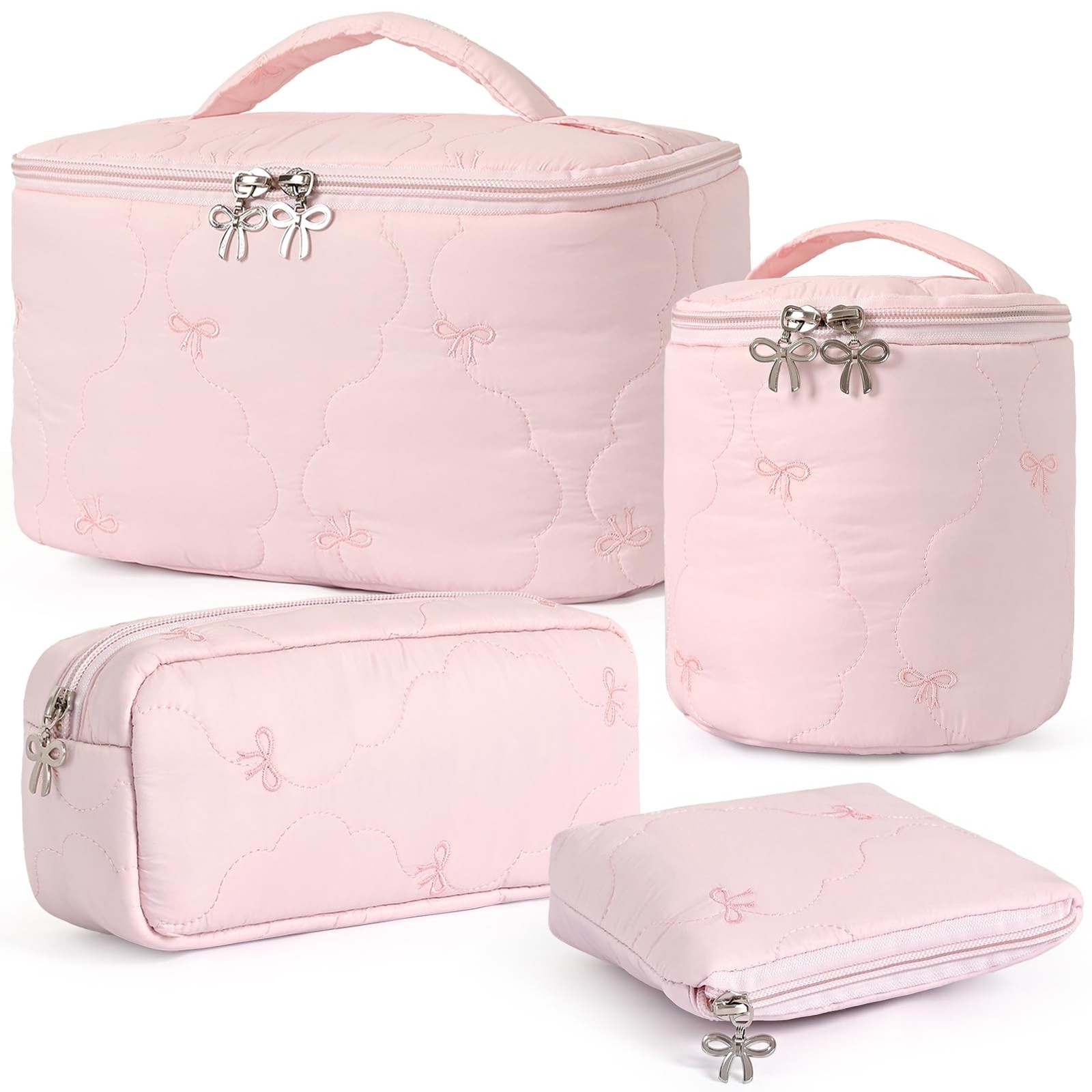 4Pcs Quilted Makeup Bag Set, Cute Bowknot Puffy 10.2 x 5.5 x 6.3 inches, Pink