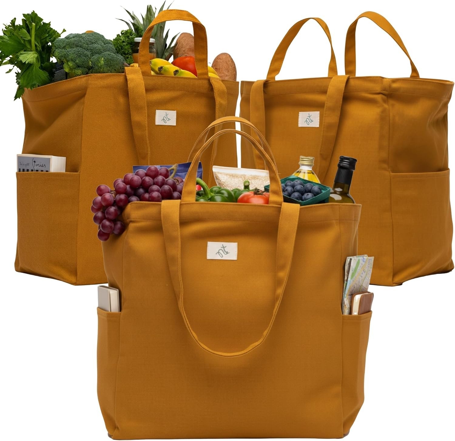3-Pack Reusable Grocery Bags – Heavy Duty, Large 12 Oz Cotton Canvas Reusable Sh