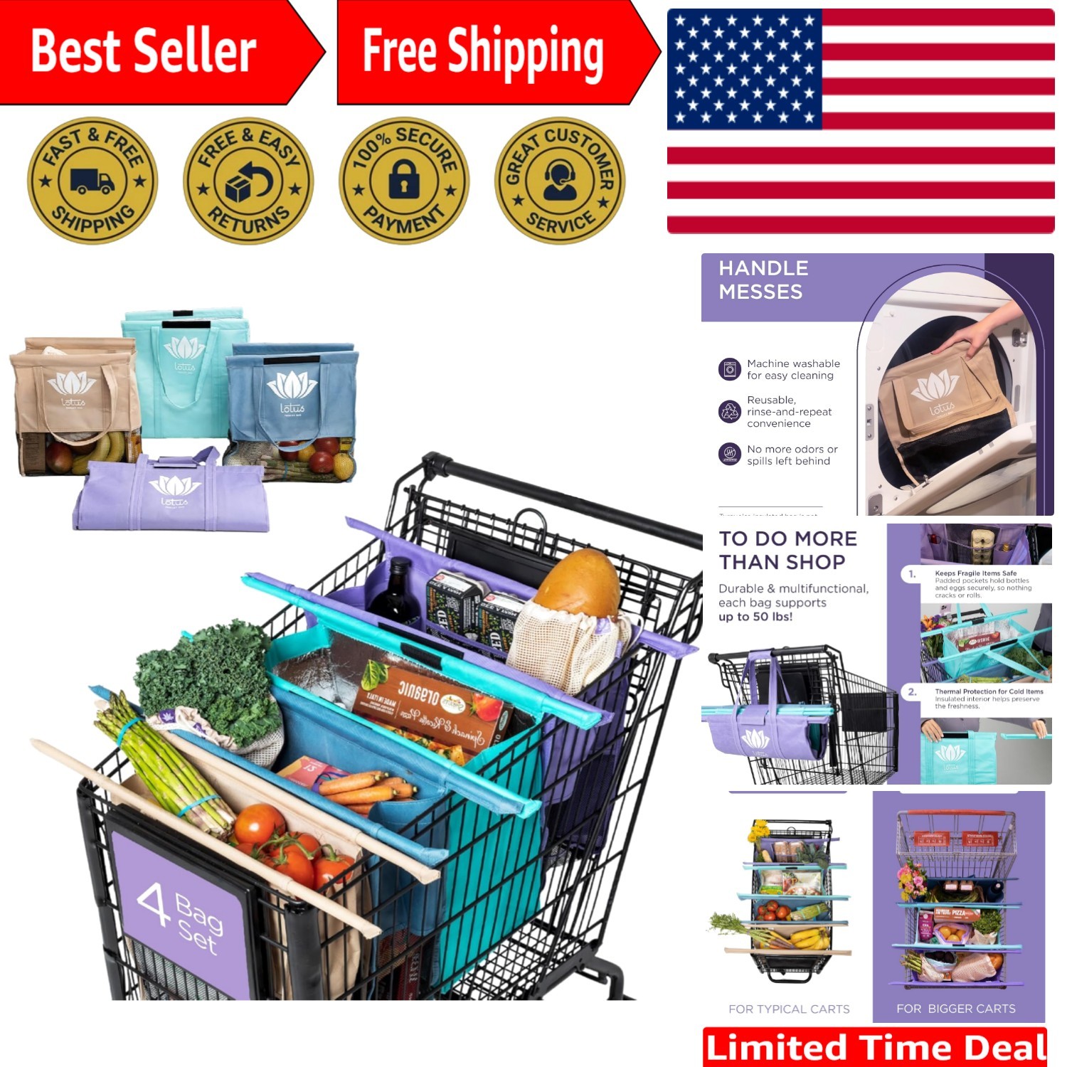 Lotus 4-Pack Trolley Bags: Insulated, Detachable & Eco-Friendly Grocery Totes