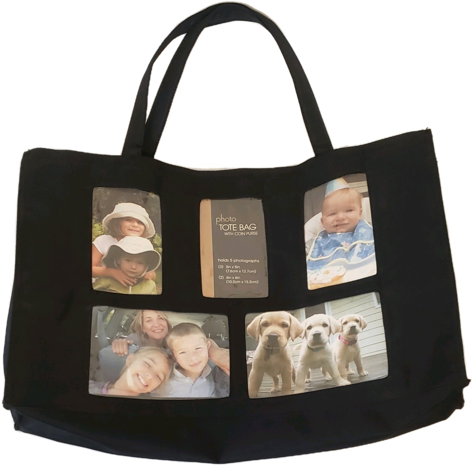 Black Photo Print Tote Bag Large Polyester, Zipper Pocket Inside, 2 lg sections