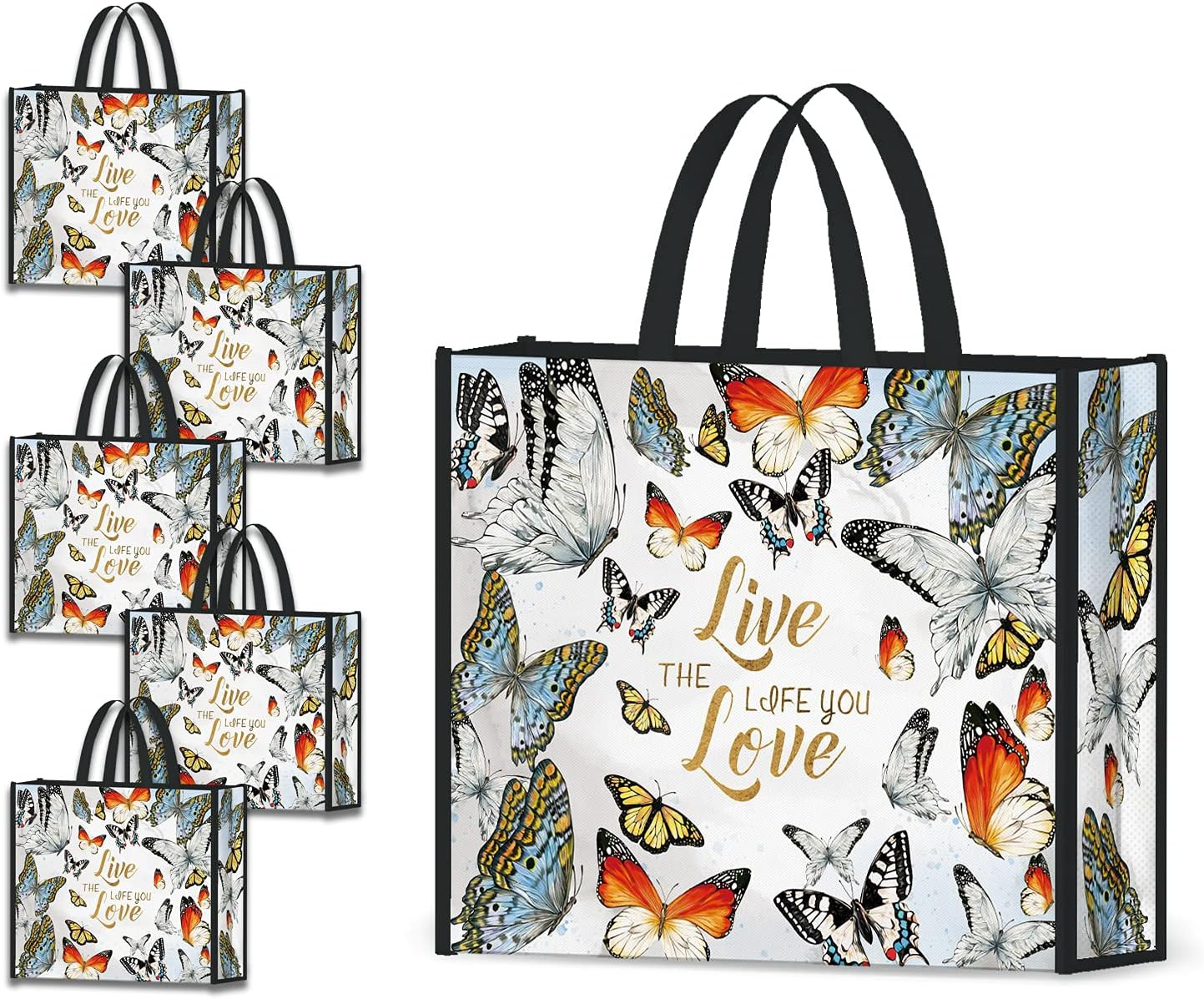 5 Pack Reusable Shopping Bags Colorful Butterflies Washable Grocery Bags Fabr…