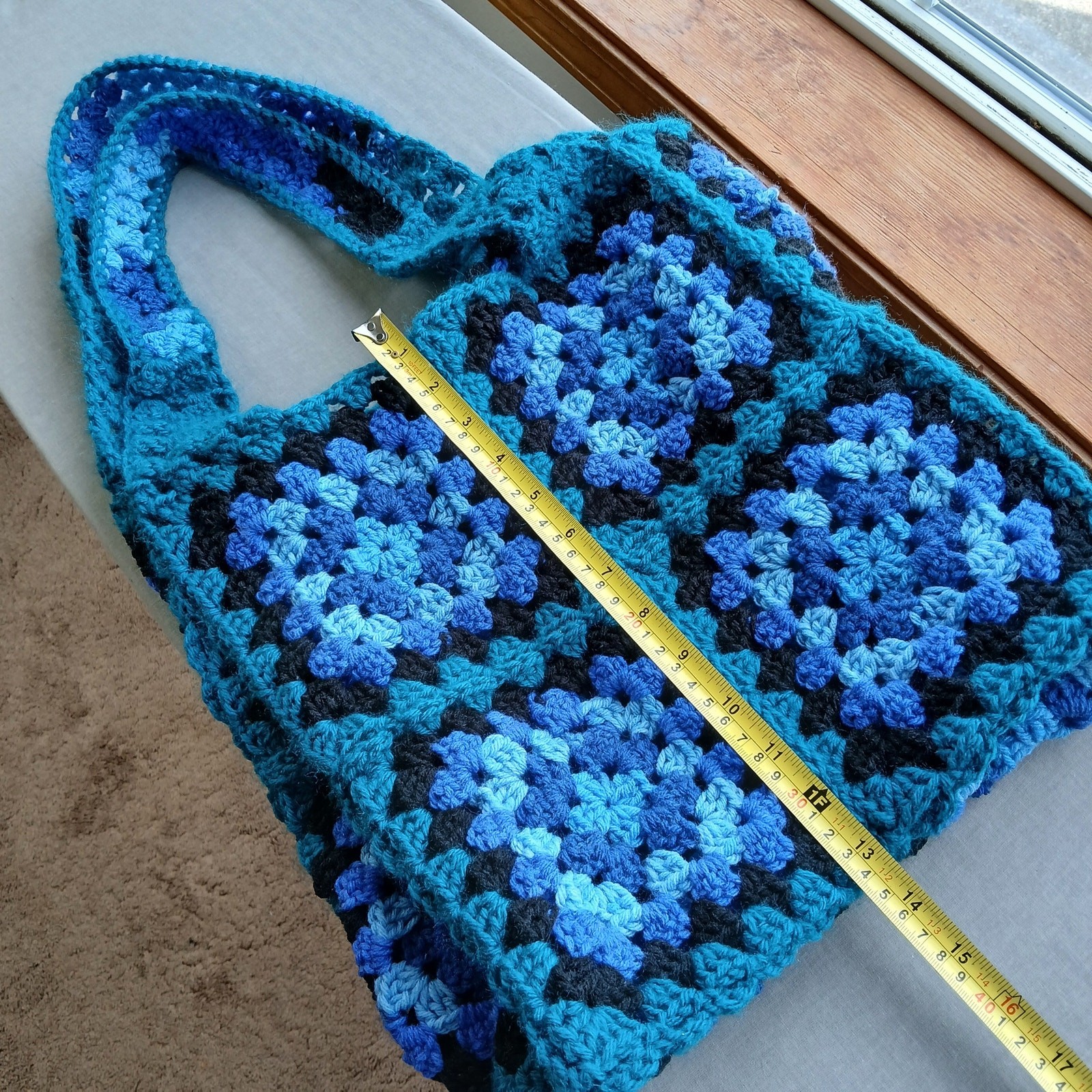 Granny Square Tote Bag Beach Bag reusable grocery sack blue teal black handmade