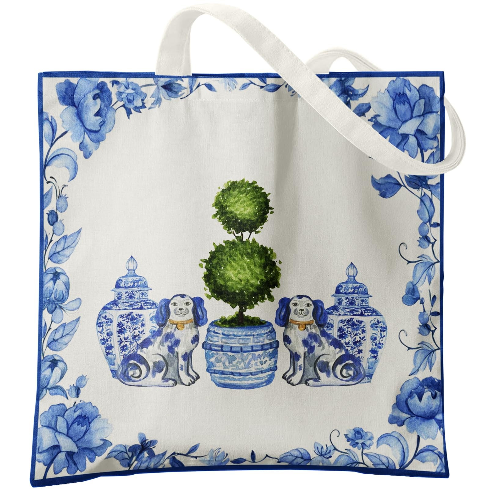 Blue and White Porcelain Chinoiserie Tote Bag, Chinoiserie Topiary and Staffo…