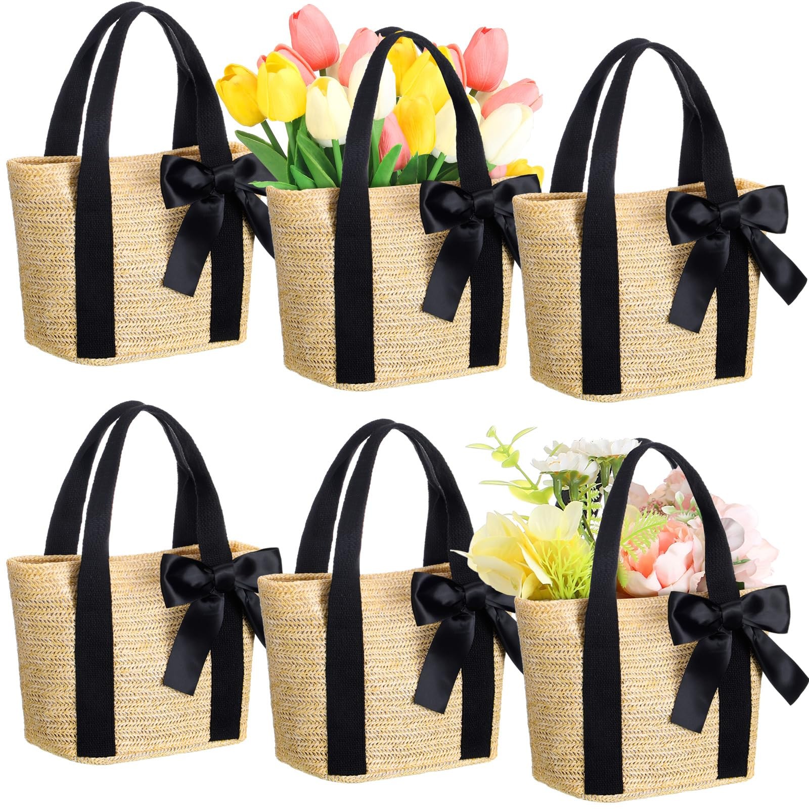 6 Pcs Bridesmaid Straw Beach Bags Reusable Woven Burlap Tote Bags with Handle…