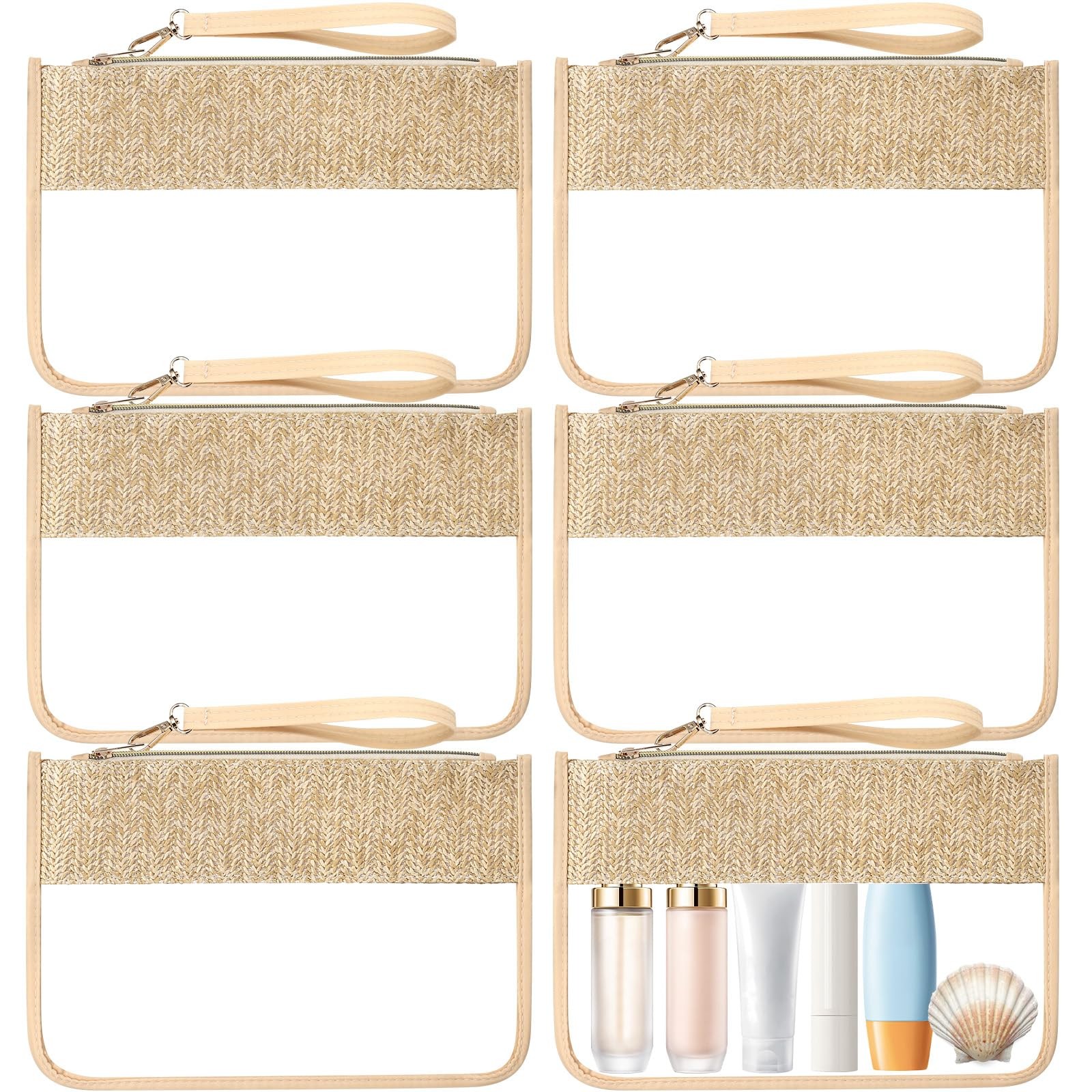 Kajaia 6 Pcs Boho Clear Cosmetic Bags about 11.8 x 9.05 inches, Beige