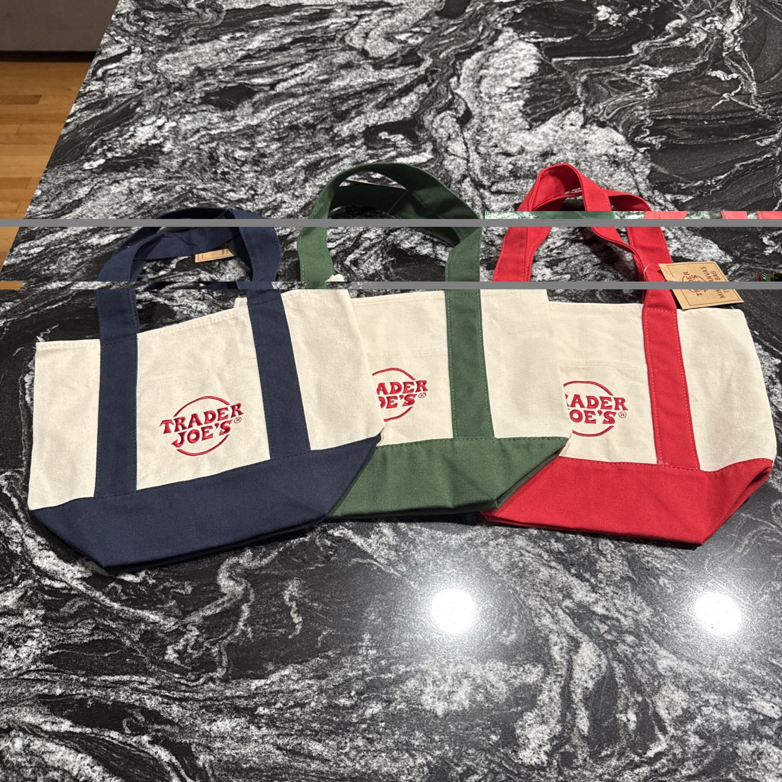 NWT Trader Joes – Three Mini Canvas Tote Bags – Green Blue And Red