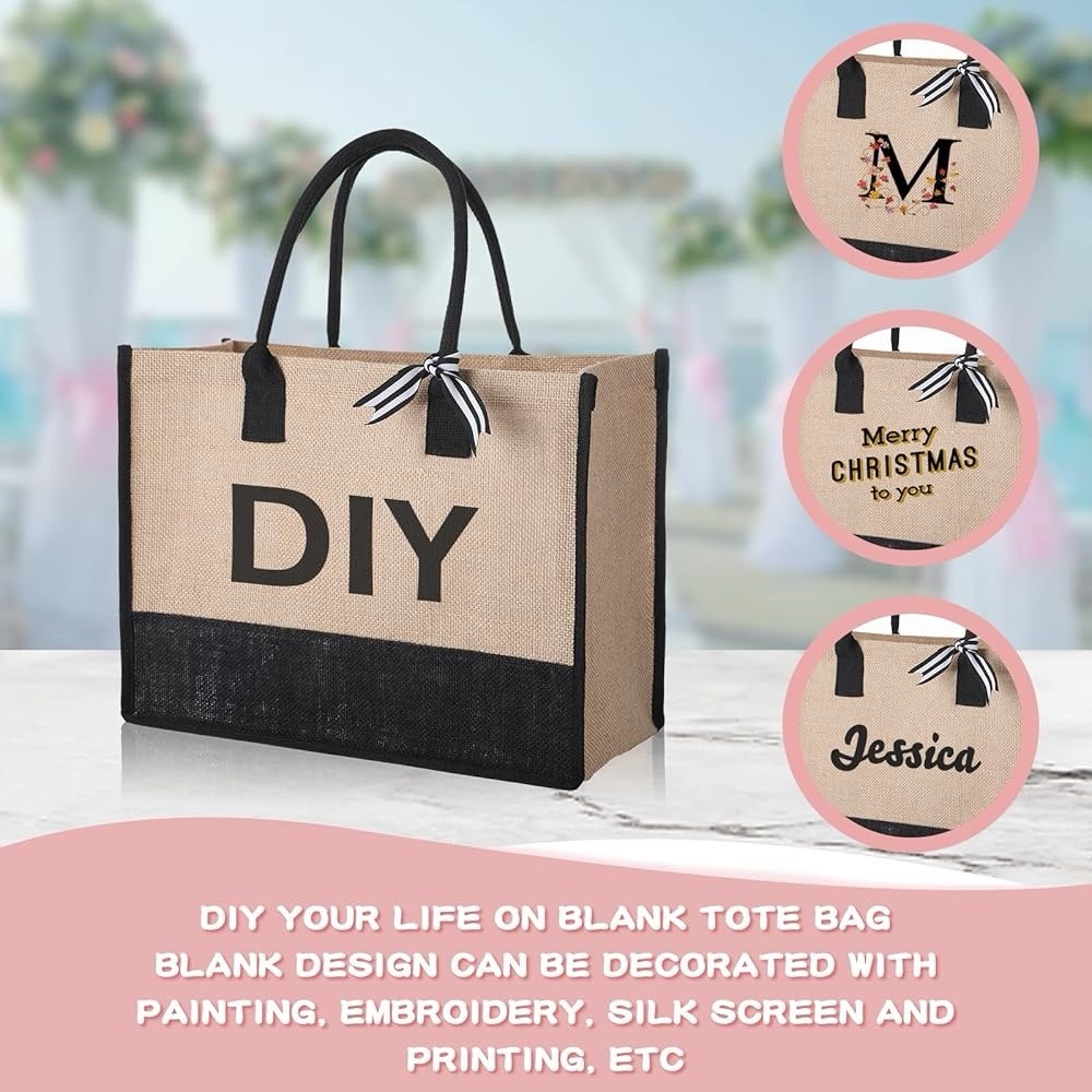 12 Pieces Burlap Tote Bags Set Jute Tote Bag with Handles Initial Canvas Beac…
