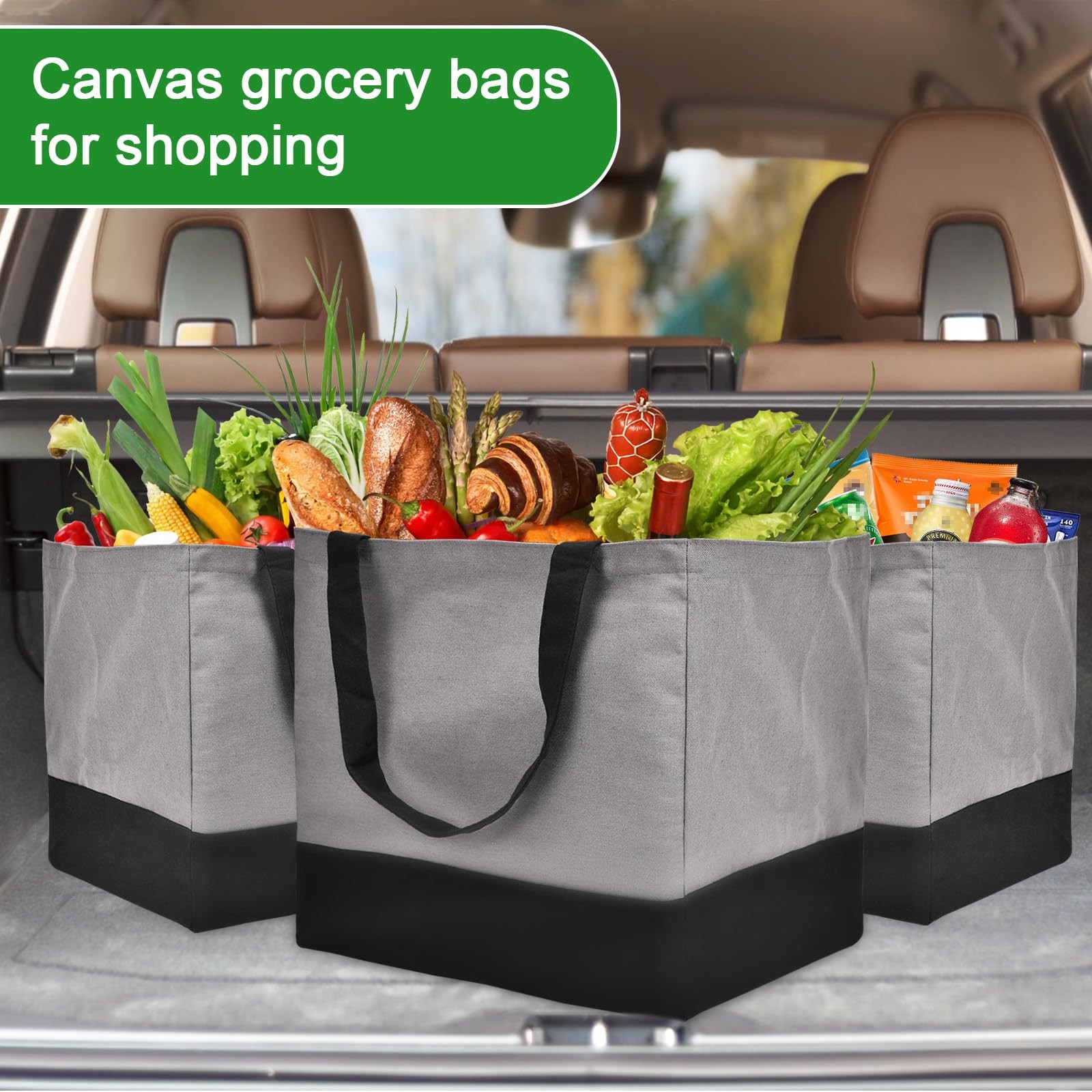 CNaiyunpin 3 Pack Canvas Reusable Grocery Bags Heavy Duty, 8.3 gal Foldable L…