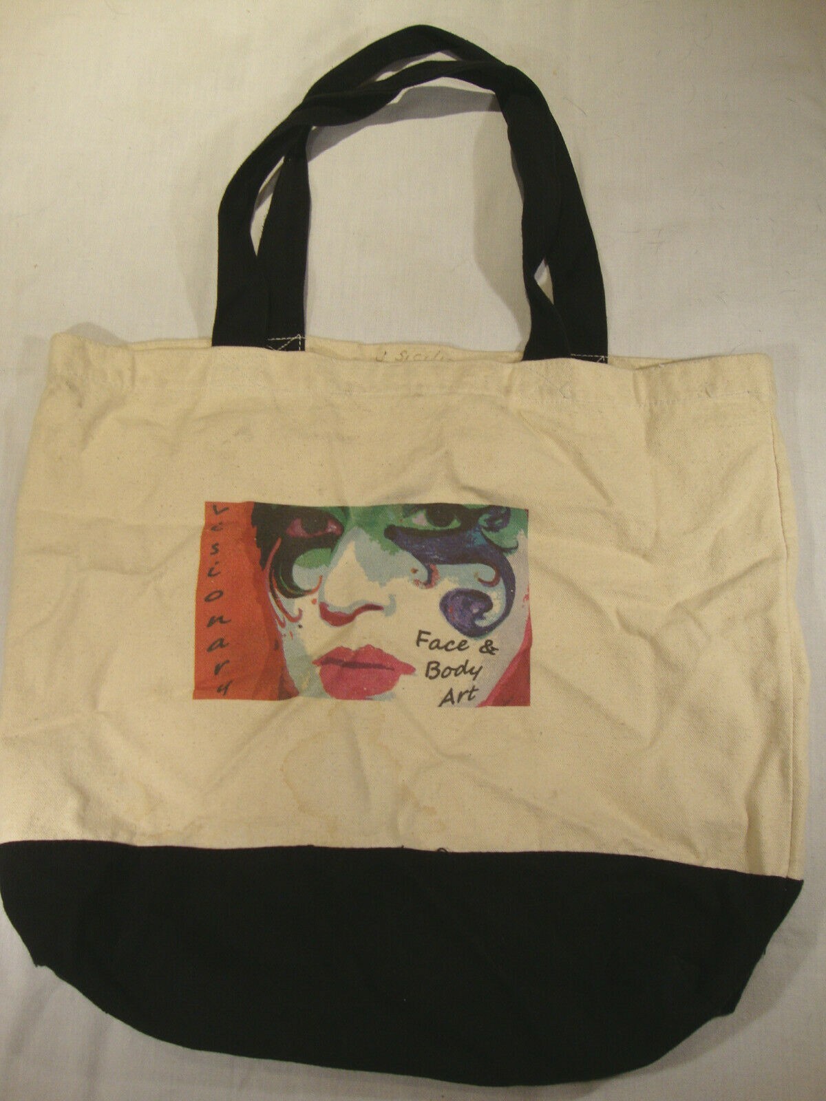 Visionary Face and Body Art Beige Black Tote Shopping Bag Reusable Cotton Canvas